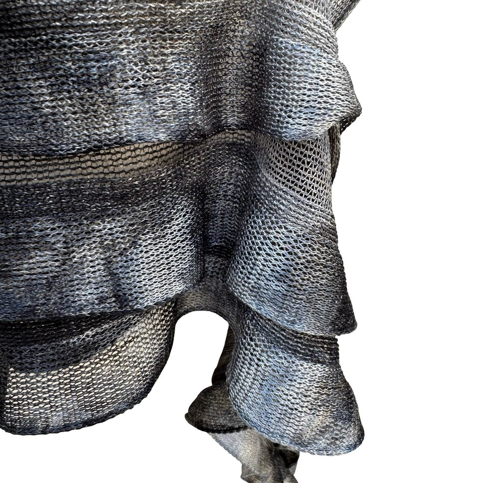 Grey Black Ombre Tiered Ruffle Mesh Knit Shawl Fringe Wrap Scarf Evening Shrug