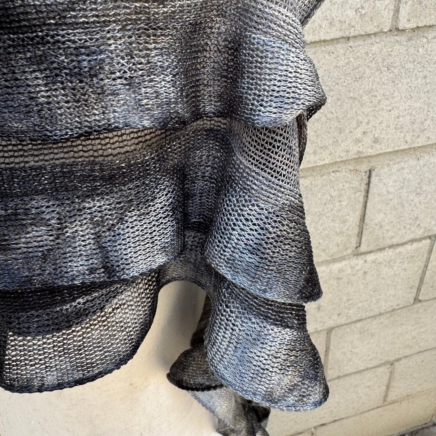 Grey Black Ombre Tiered Ruffle Mesh Knit Shawl Fringe Wrap Scarf Evening Shrug