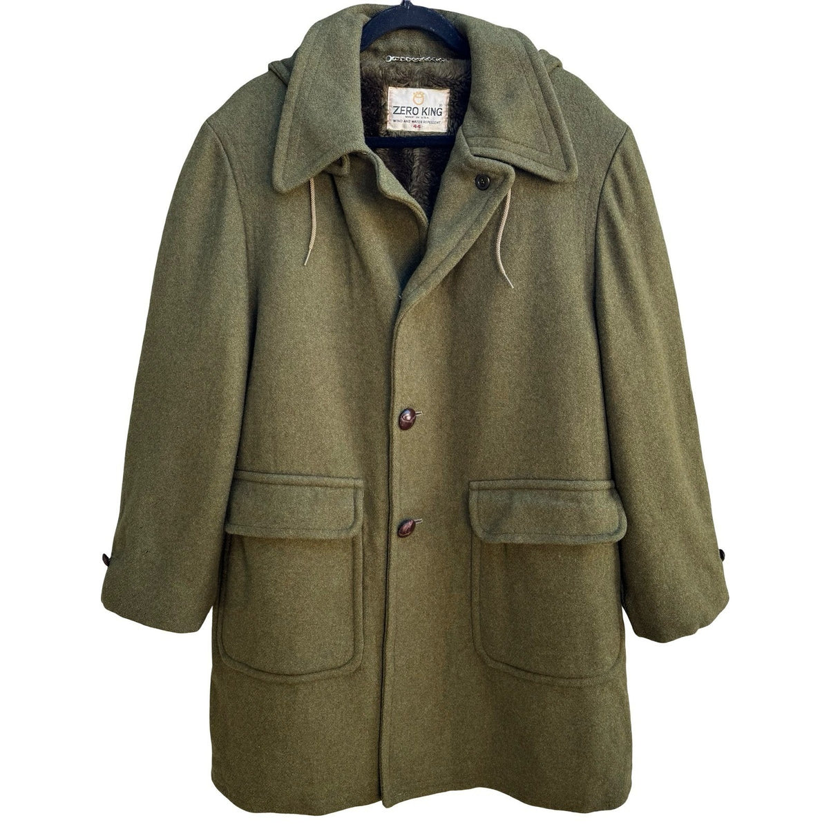 Zero King Vintage 70s Wool Faux Fur Lined Hooded Military Field Coat Green Mens