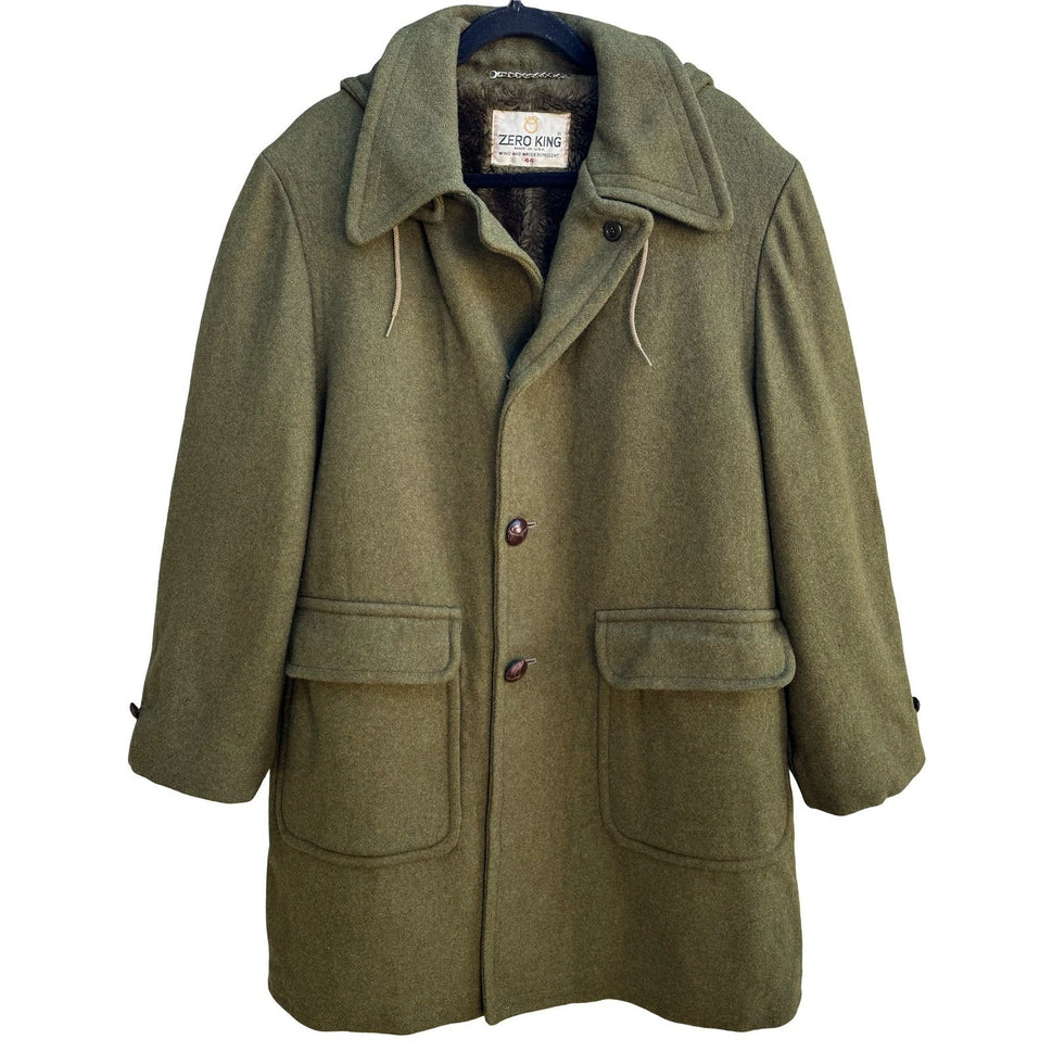 Zero King Vintage 70s Wool Faux Fur Lined Hooded Military Field Coat Green Mens