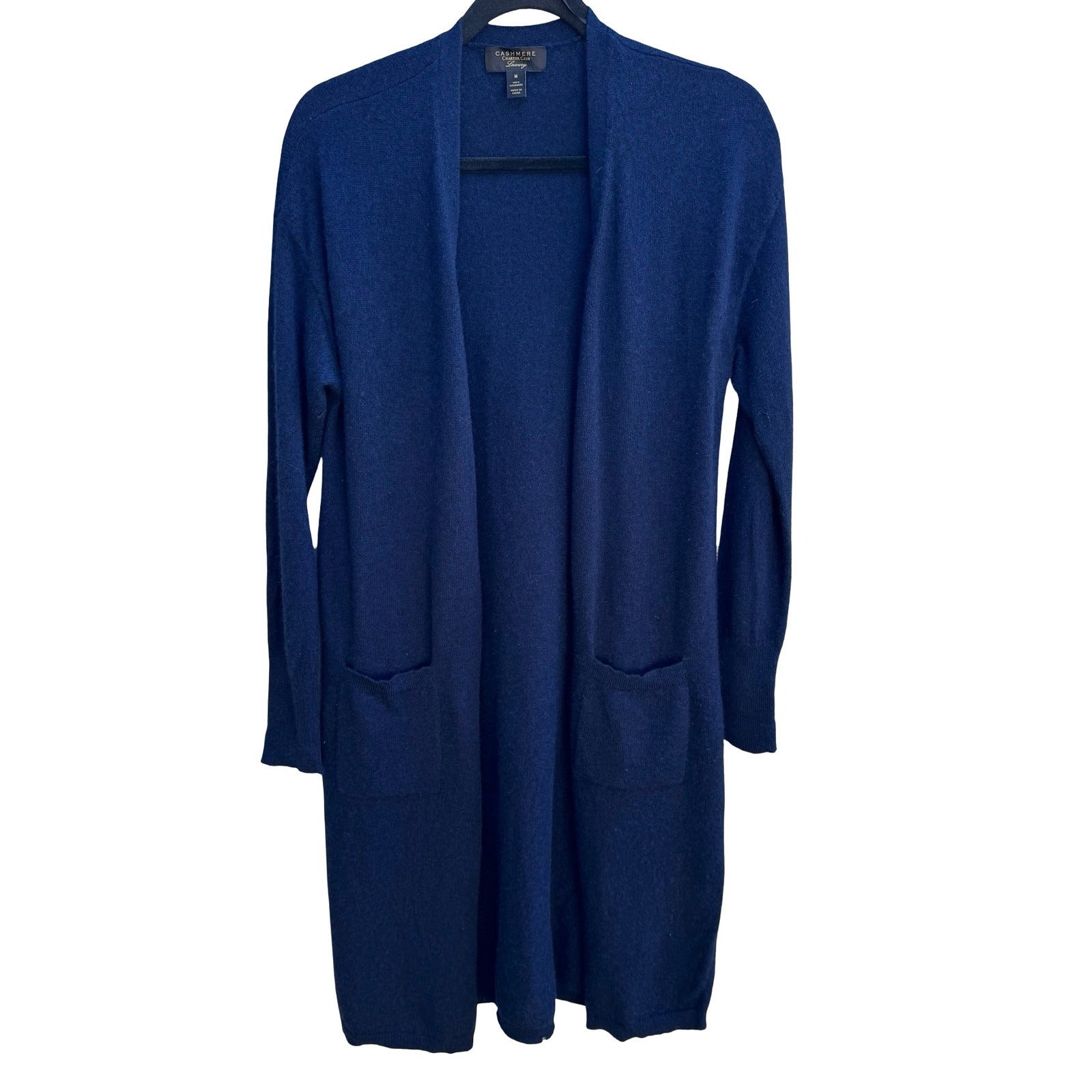 Charter Club Luxury 100% Cashmere Quiet Luxury Open Front Duster Cardigan Navy M