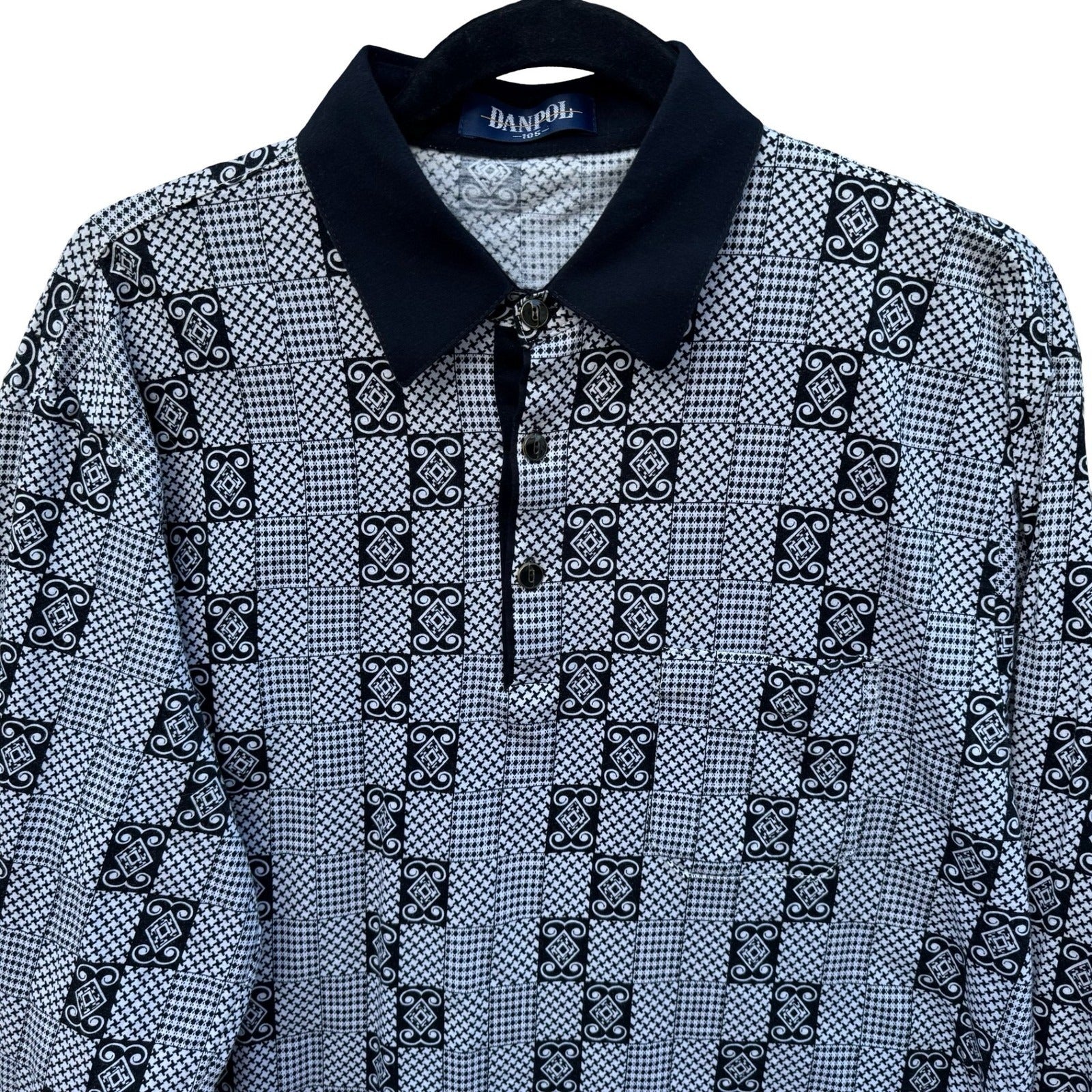 Danpol Mens Vintage Geometric Houndstooth Patchwork Long Sleeve Polo Shirt Black