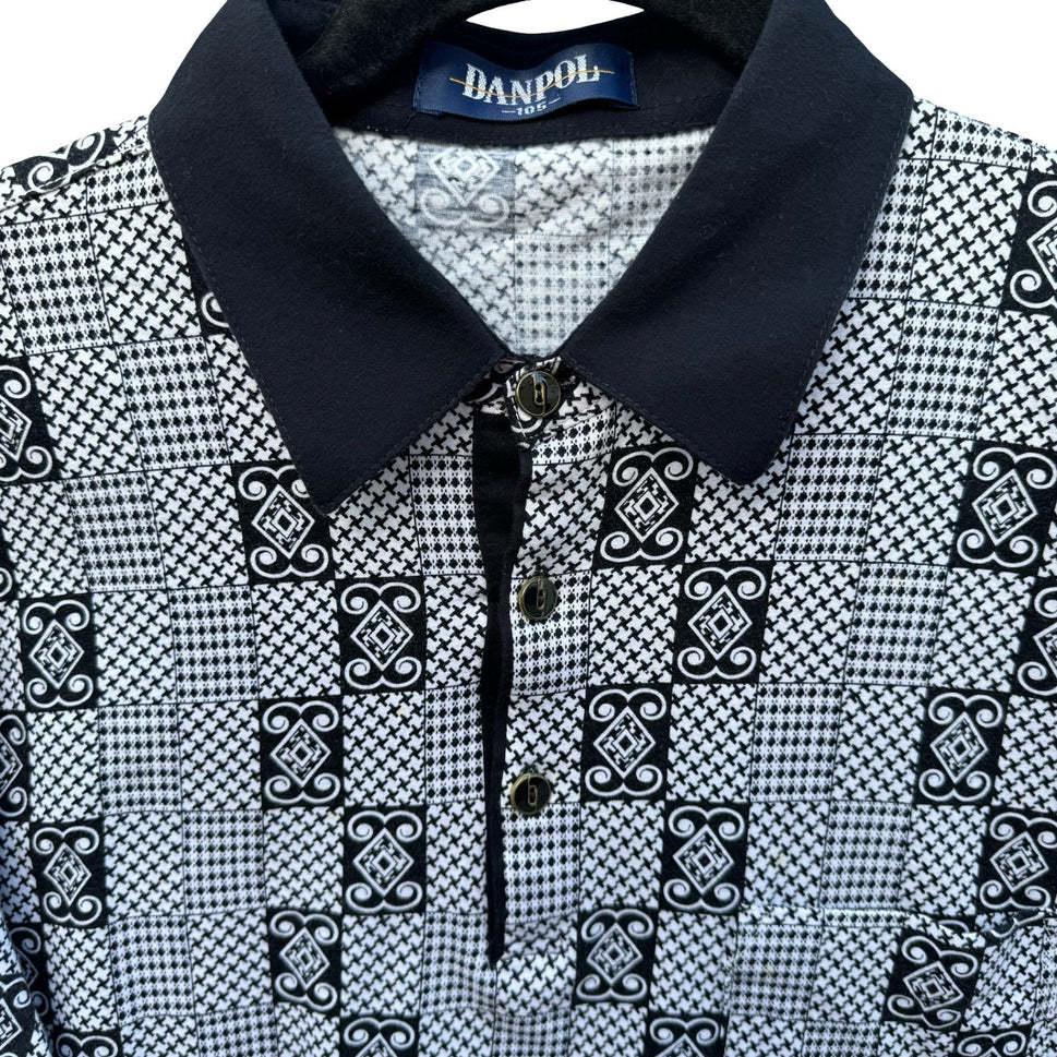 Danpol Mens Vintage Geometric Houndstooth Patchwork Long Sleeve Polo Shirt Black