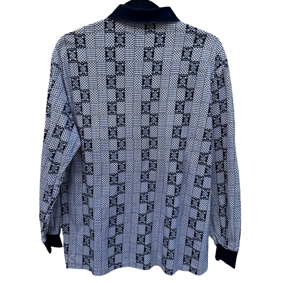 Danpol Mens Vintage Geometric Houndstooth Patchwork Long Sleeve Polo Shirt Black