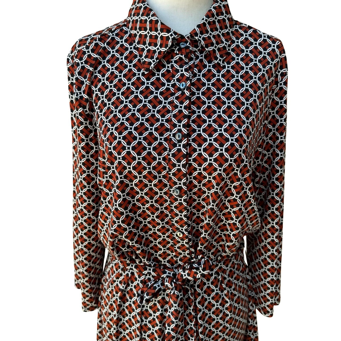 Max Studio 70s Style Mod Geometric Link Print Button Front Belted Shirt Dress L
