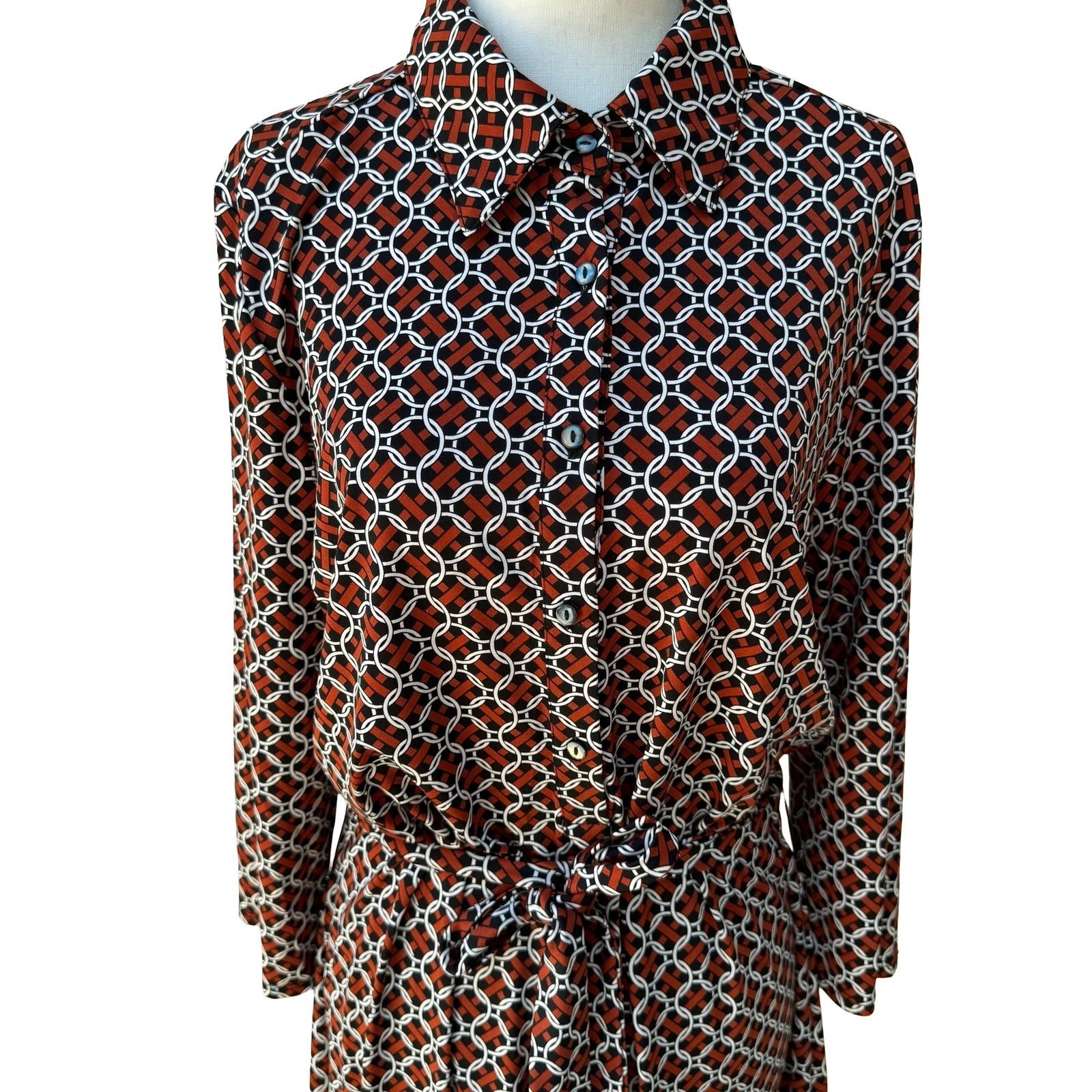 Max Studio 70s Style Mod Geometric Link Print Button Front Belted Shirt Dress L