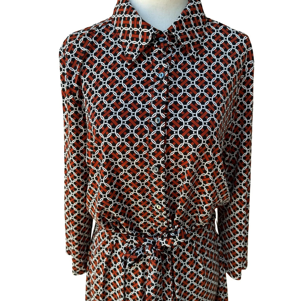 Max Studio 70s Style Mod Geometric Link Print Button Front Belted Shirt Dress L