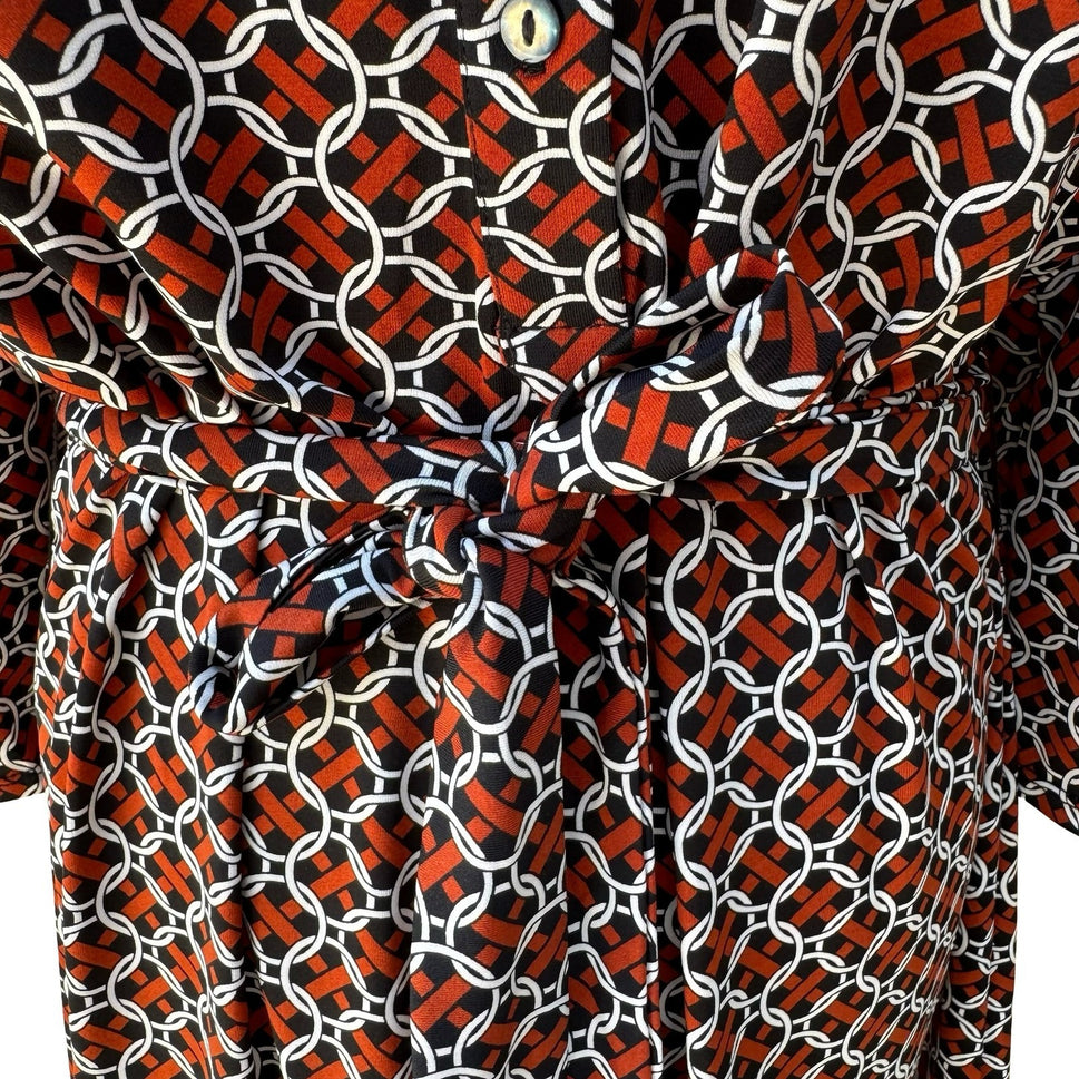 Max Studio 70s Style Mod Geometric Link Print Button Front Belted Shirt Dress L