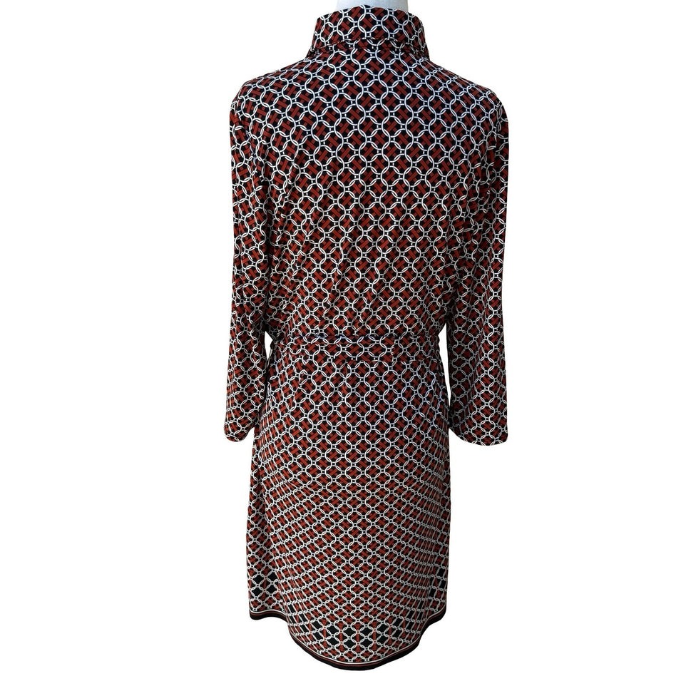 Max Studio 70s Style Mod Geometric Link Print Button Front Belted Shirt Dress L