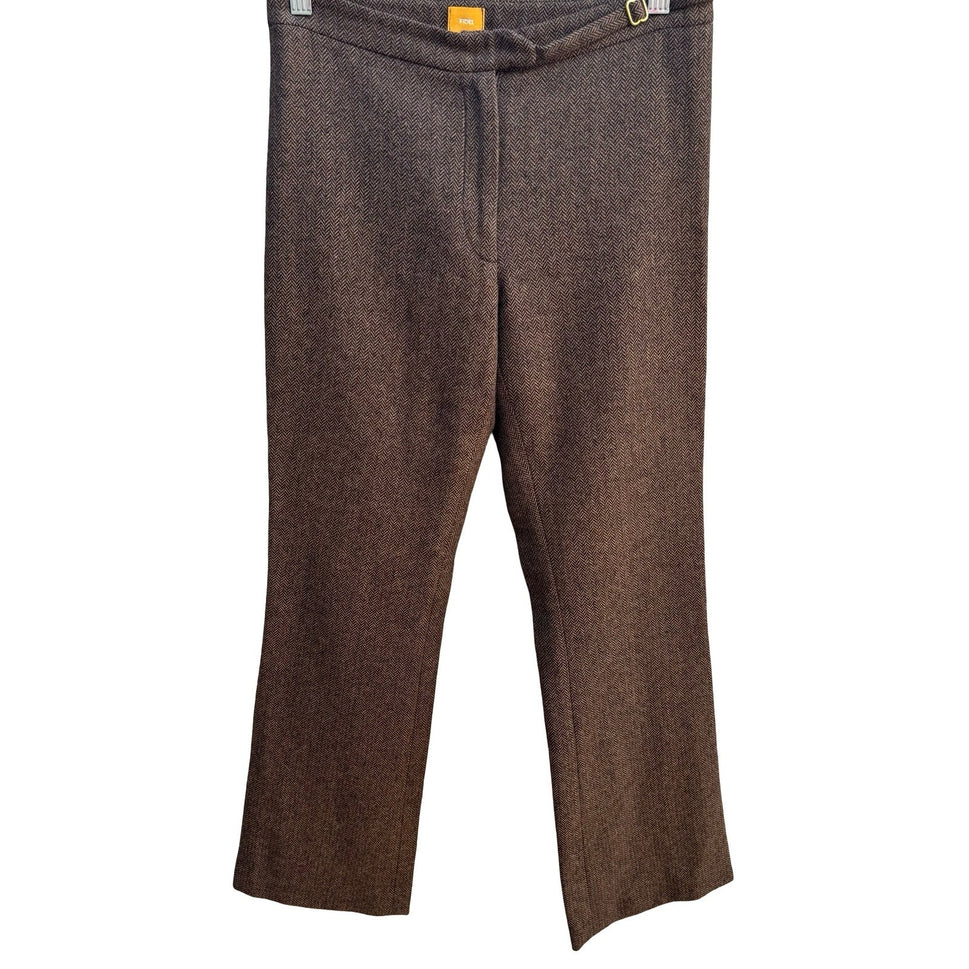 Fidel Twee Preppy Wool Herringbone Buckle Tailored Dark Academia Trousers Brown