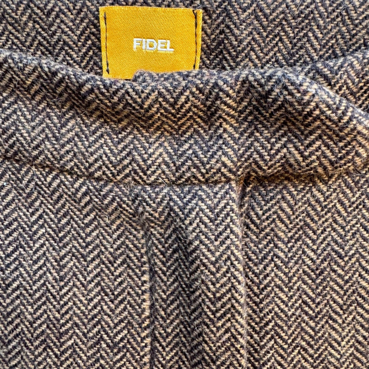 Fidel Twee Preppy Wool Herringbone Buckle Tailored Dark Academia Trousers Brown