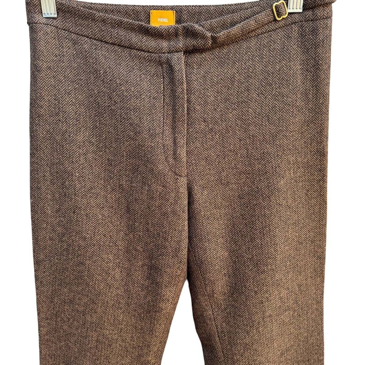 Fidel Twee Preppy Wool Herringbone Buckle Tailored Dark Academia Trousers Brown
