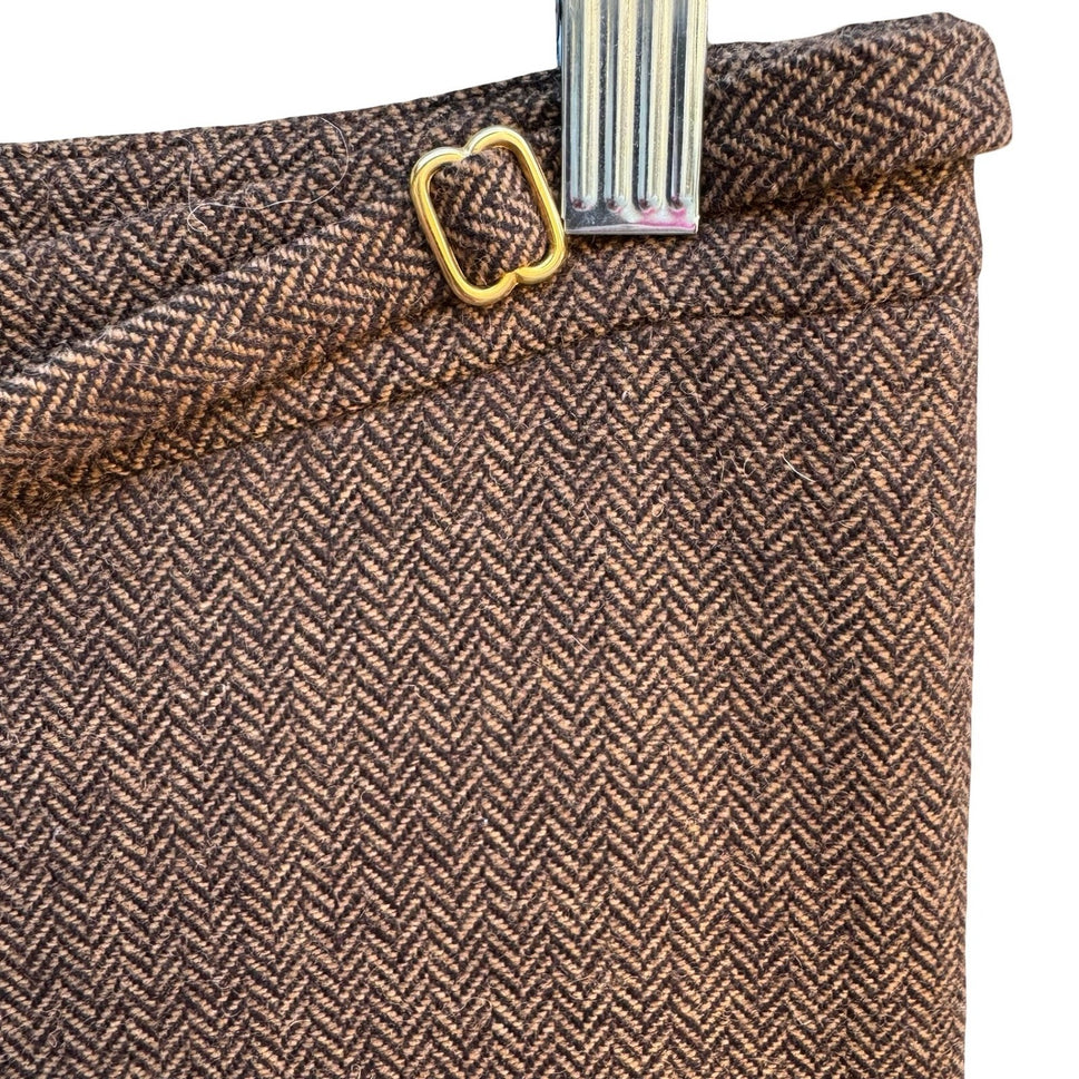 Fidel Twee Preppy Wool Herringbone Buckle Tailored Dark Academia Trousers Brown