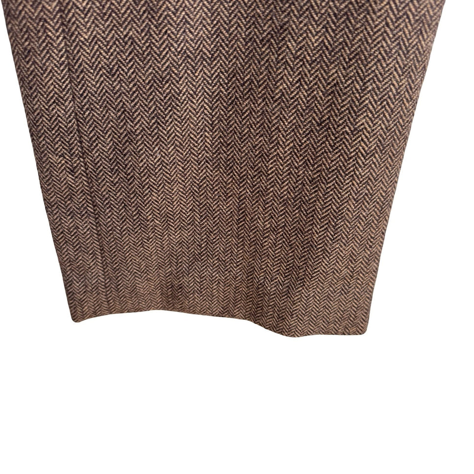 Fidel Twee Preppy Wool Herringbone Buckle Tailored Dark Academia Trousers Brown