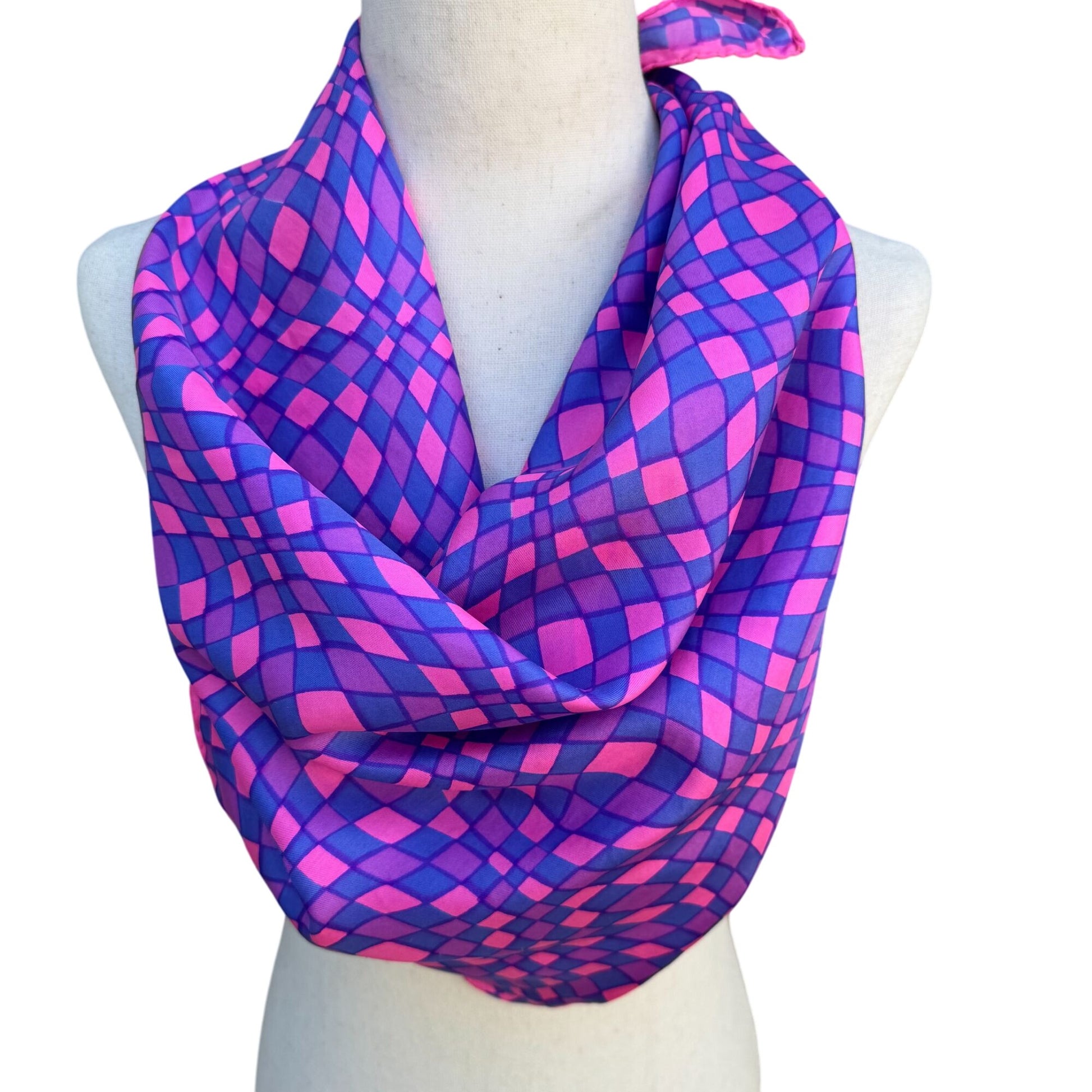 Vintage Psychedelic Mod Pink Purple Geometric Pattern Hand Stitched Silk Scarf