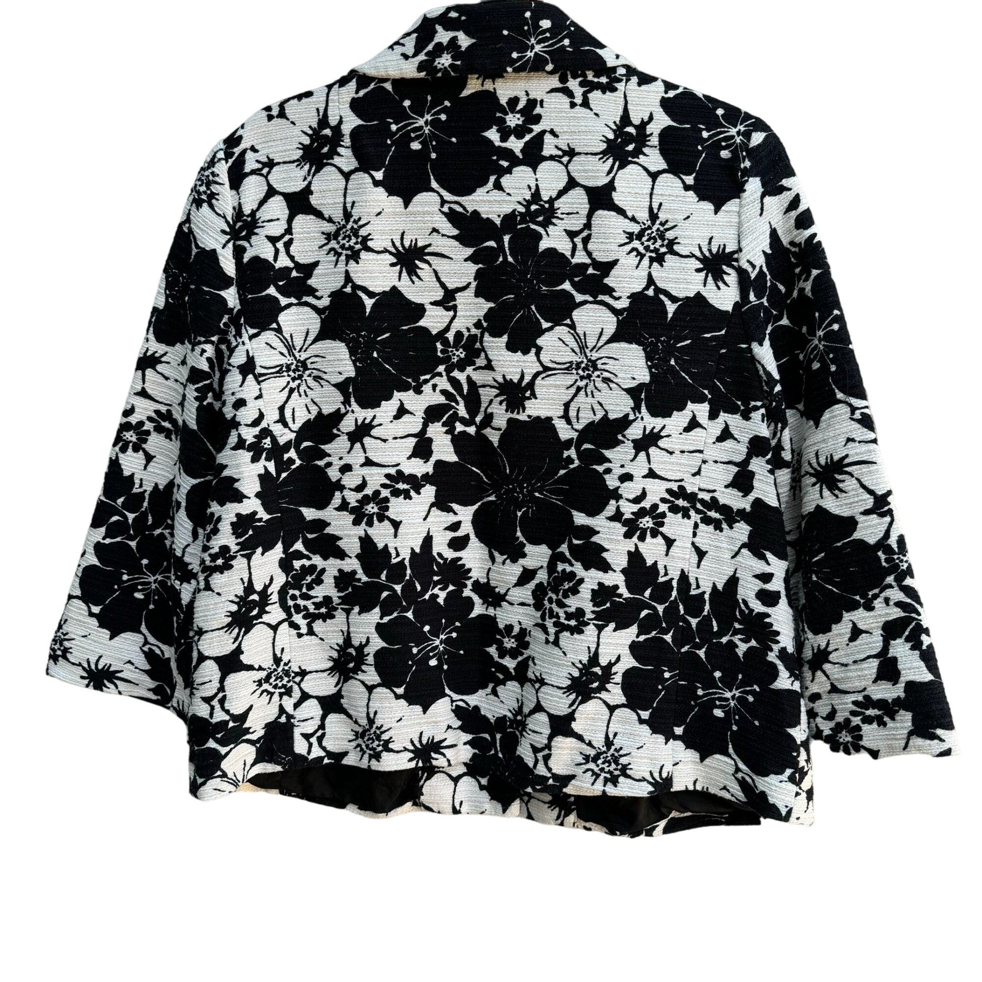 Charter Club Womens Black White Floral Jacquard 3/4 Sleeve Four Button Blazer