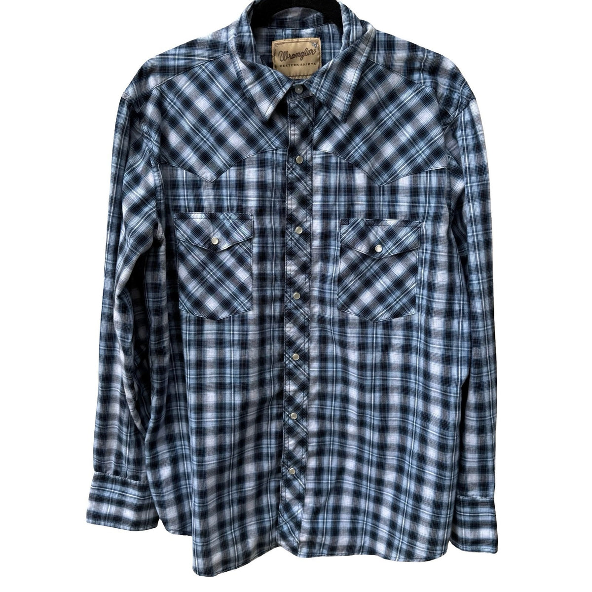 Wrangler Pearl Snap Americana Plaid Cowboy Rodeo Western Yoke Shirt Blue Mens L