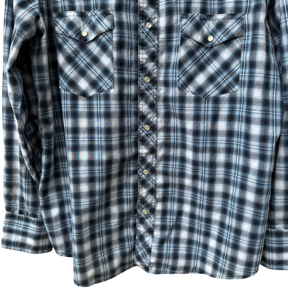 Wrangler Pearl Snap Americana Plaid Cowboy Rodeo Western Yoke Shirt Blue Mens L