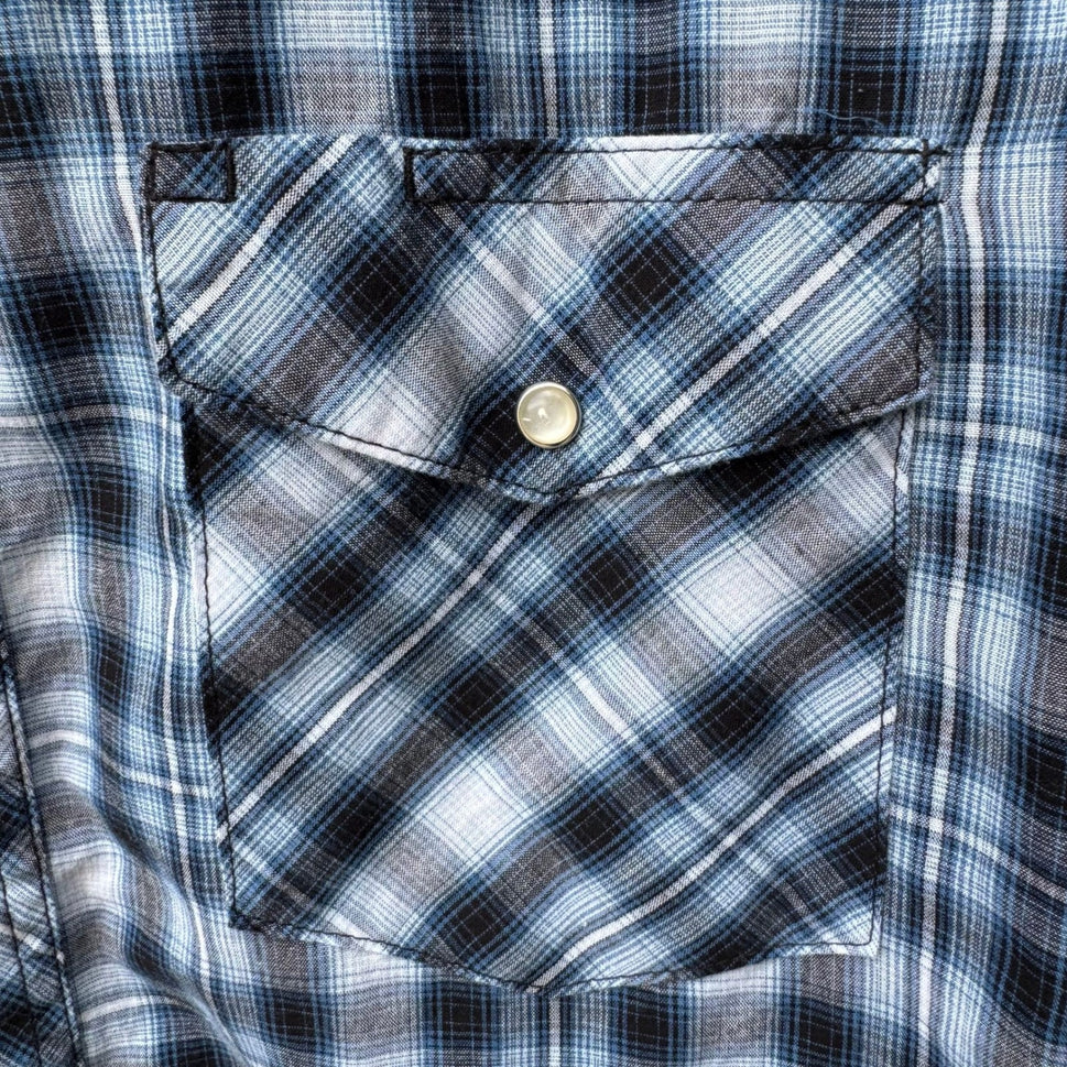 Wrangler Pearl Snap Americana Plaid Cowboy Rodeo Western Yoke Shirt Blue Mens L