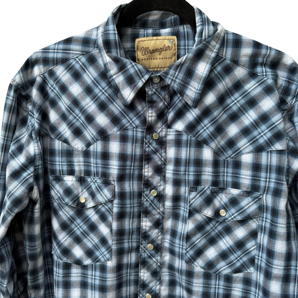 Wrangler Pearl Snap Americana Plaid Cowboy Rodeo Western Yoke Shirt Blue Mens L