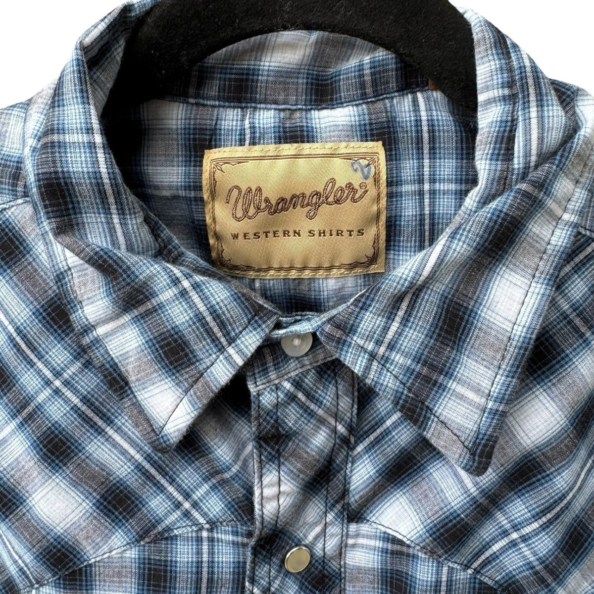 Wrangler Pearl Snap Americana Plaid Cowboy Rodeo Western Yoke Shirt Blue Mens L