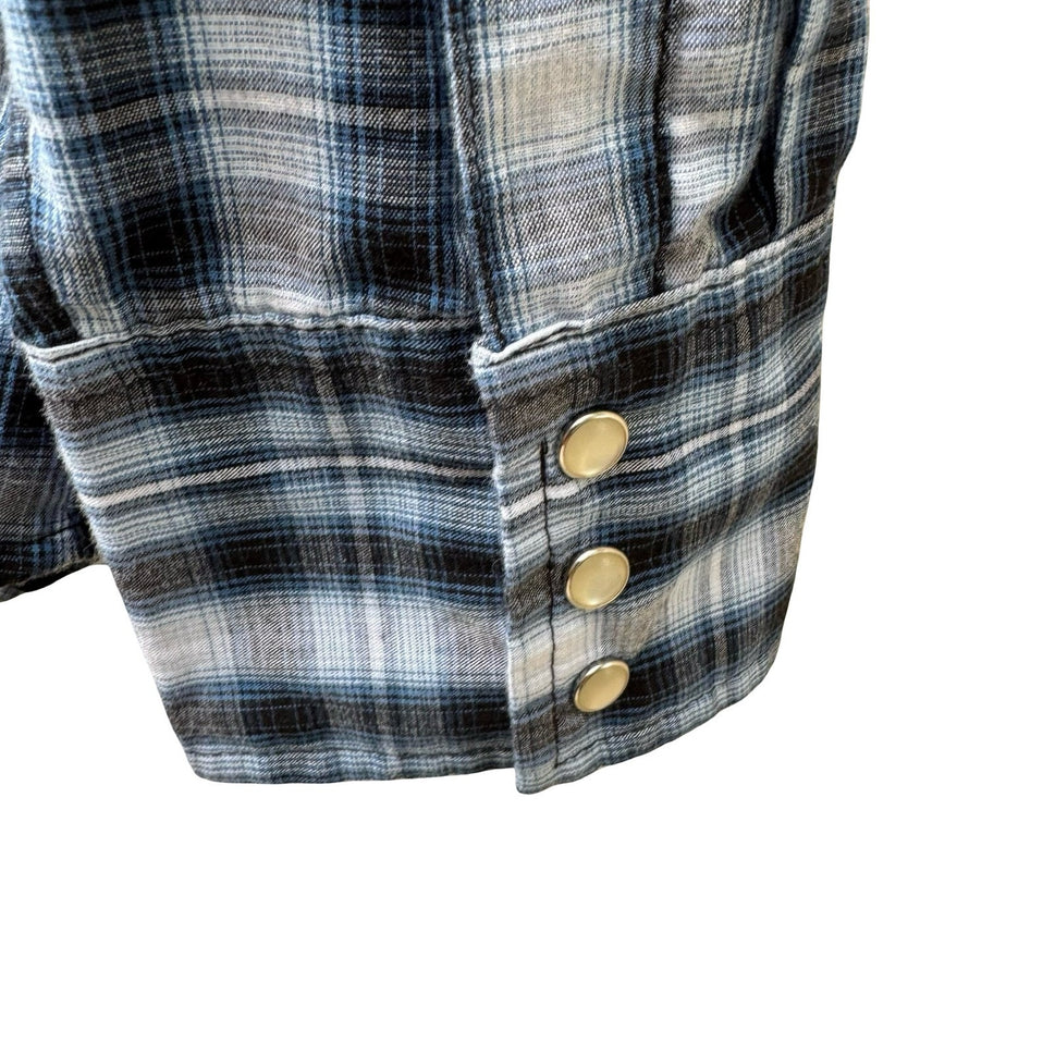 Wrangler Pearl Snap Americana Plaid Cowboy Rodeo Western Yoke Shirt Blue Mens L