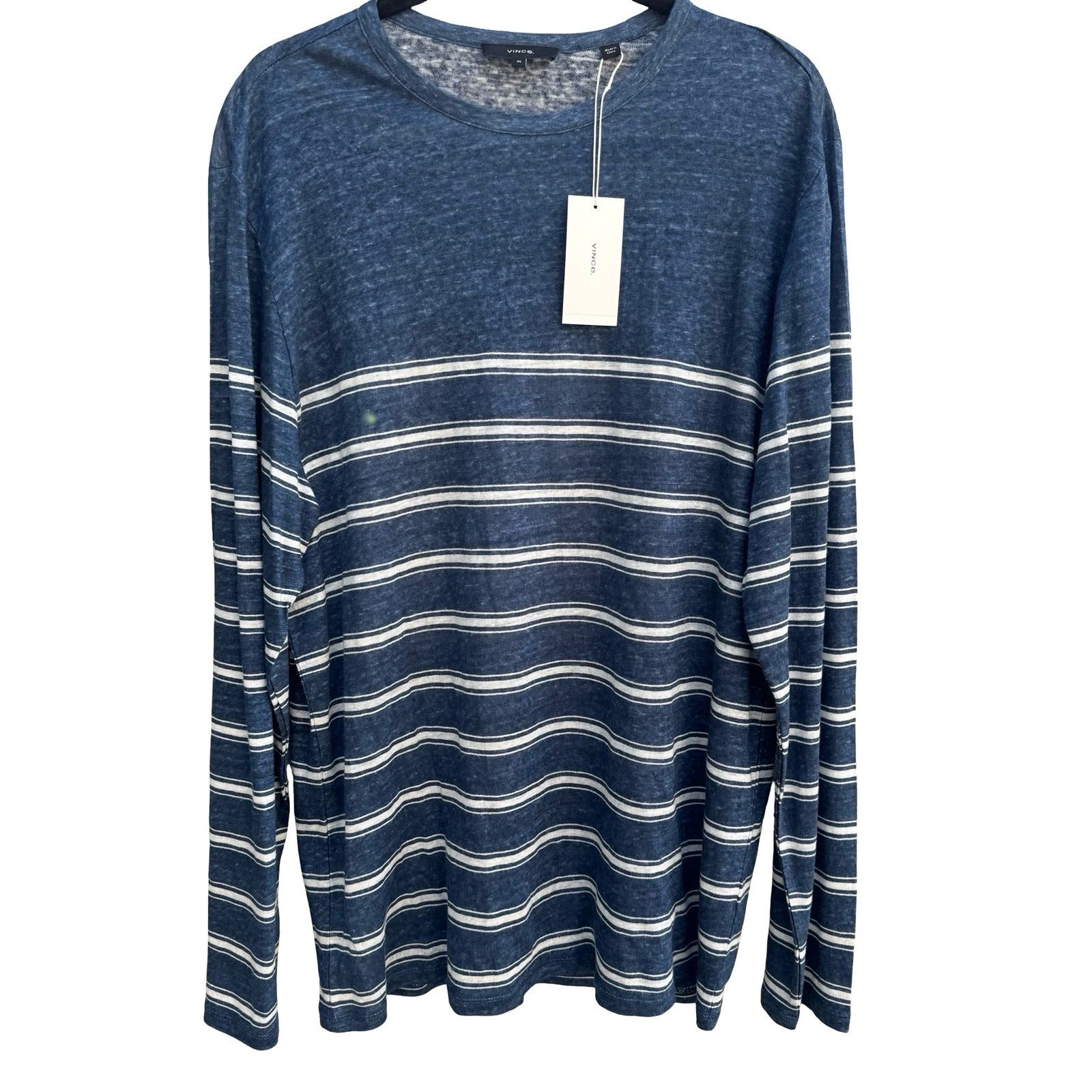Vince Mens XL Linen Striped Shirt Blue NEW Coastal Quiet Luxury Nautical Preppy