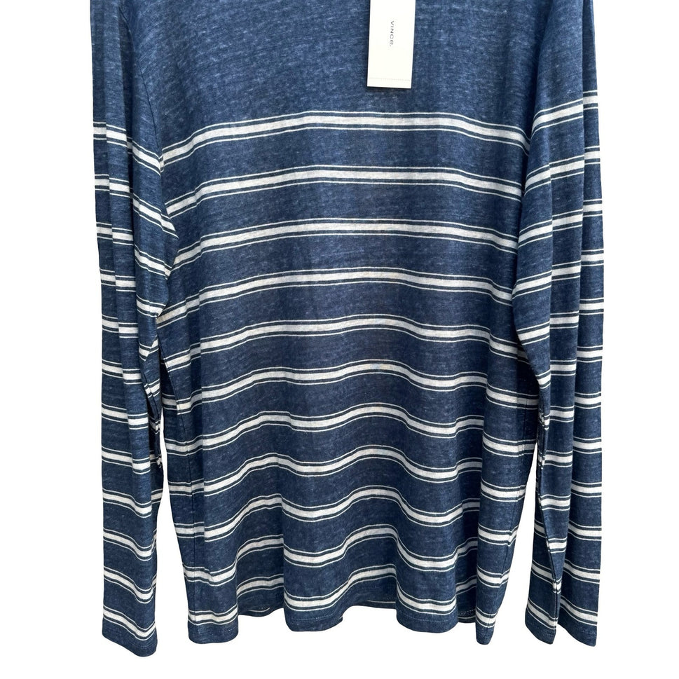 Vince Mens XL Linen Striped Shirt Blue NEW Coastal Quiet Luxury Nautical Preppy