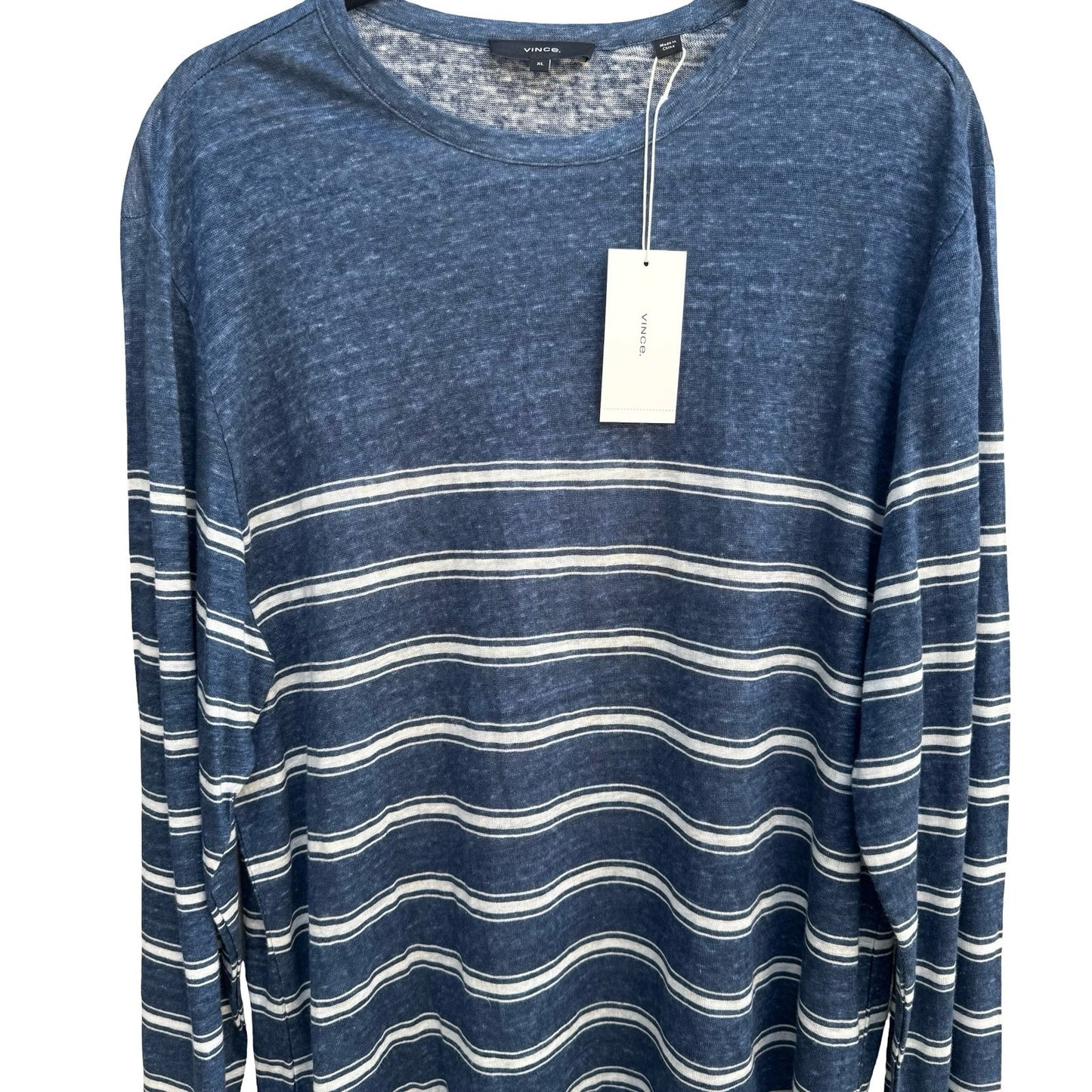 Vince Mens XL Linen Striped Shirt Blue NEW Coastal Quiet Luxury Nautical Preppy
