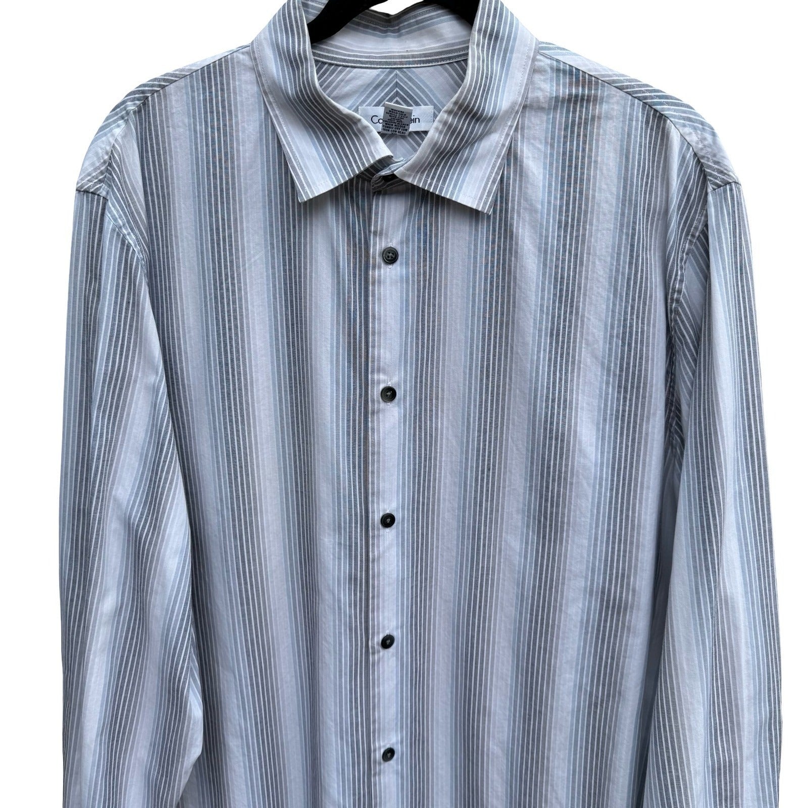 Calvin Klein Mens XL Grey Blue Striped Cotton Long Sleeve Button Up Shirt Preppy