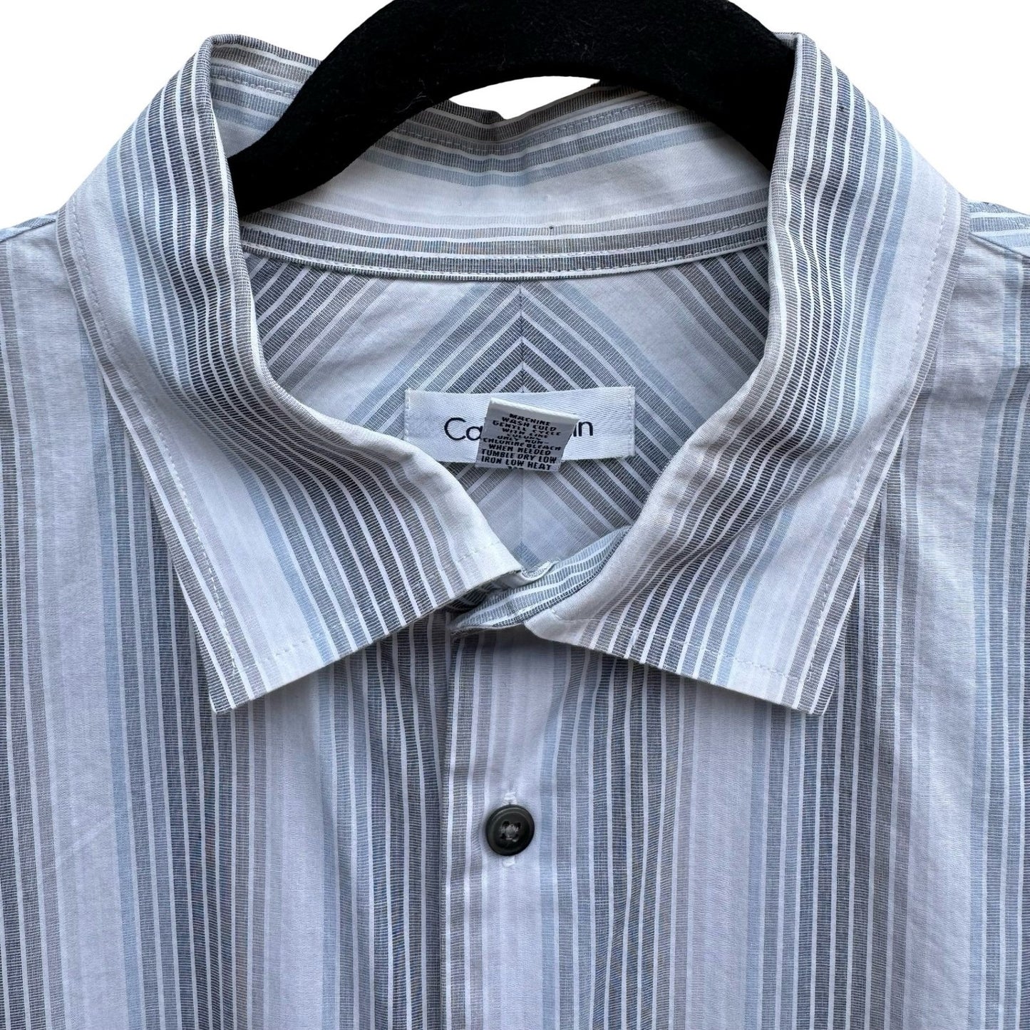 Calvin Klein Mens XL Grey Blue Striped Cotton Long Sleeve Button Up Shirt Preppy