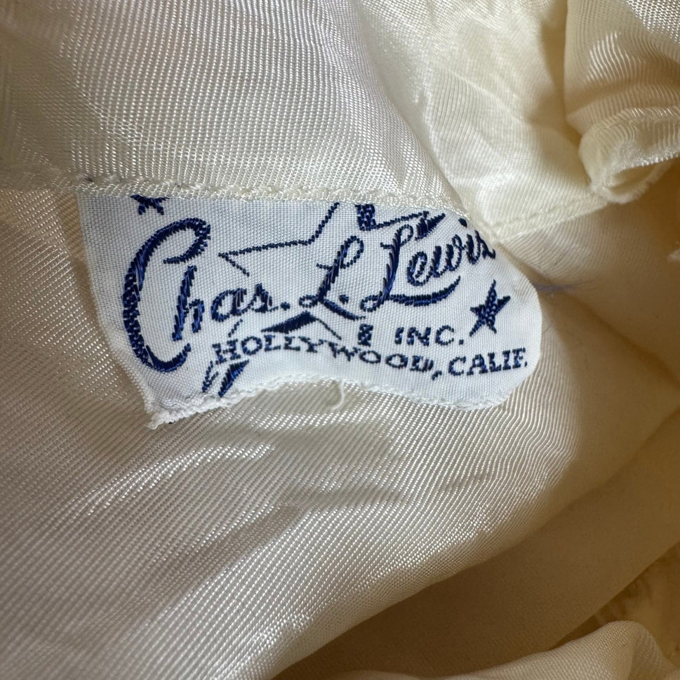 Chas L Lewis Hollywood Vintage Cream Floral Lace Satin Trim Pearl Button Blouse