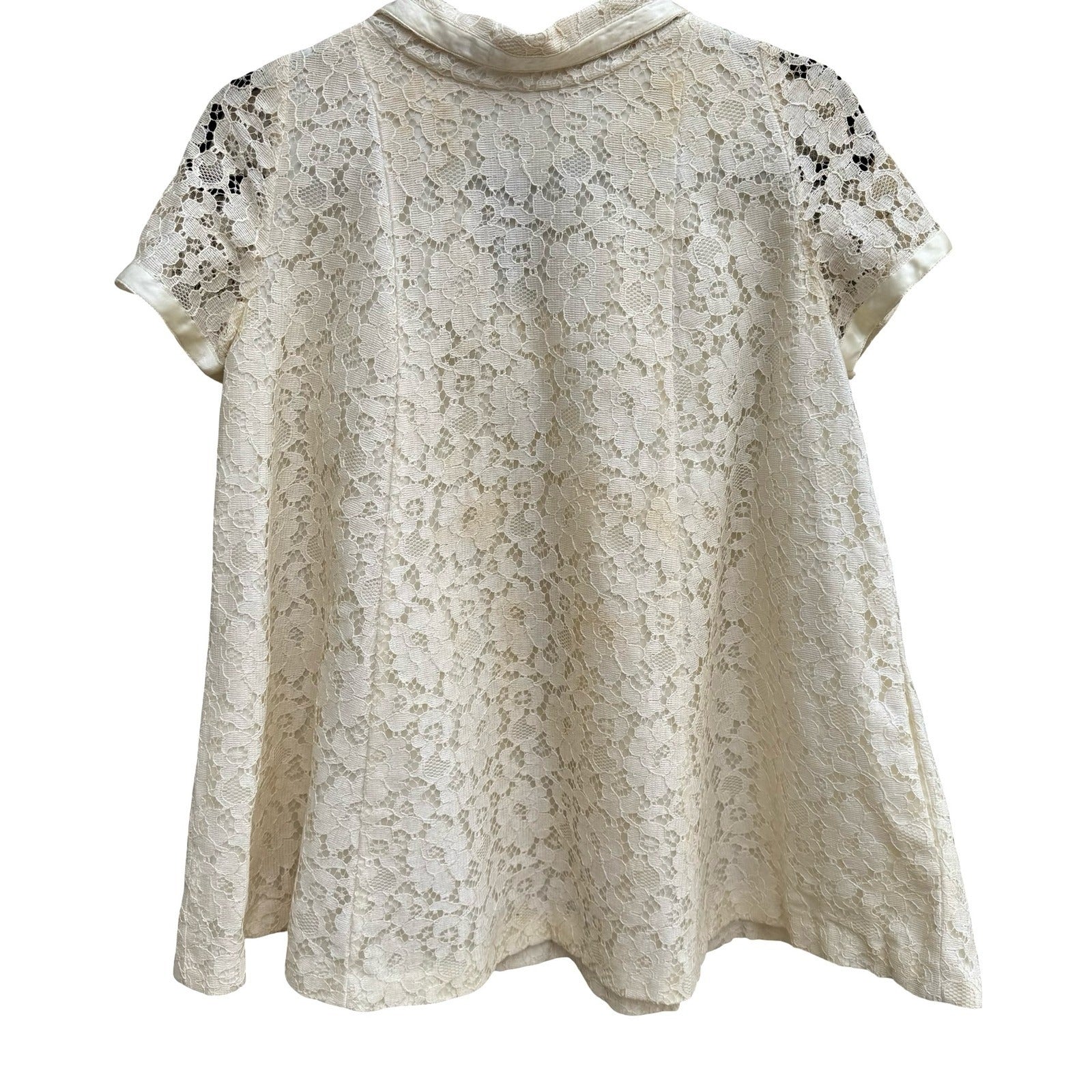 Chas L Lewis Hollywood Vintage Cream Floral Lace Satin Trim Pearl Button Blouse