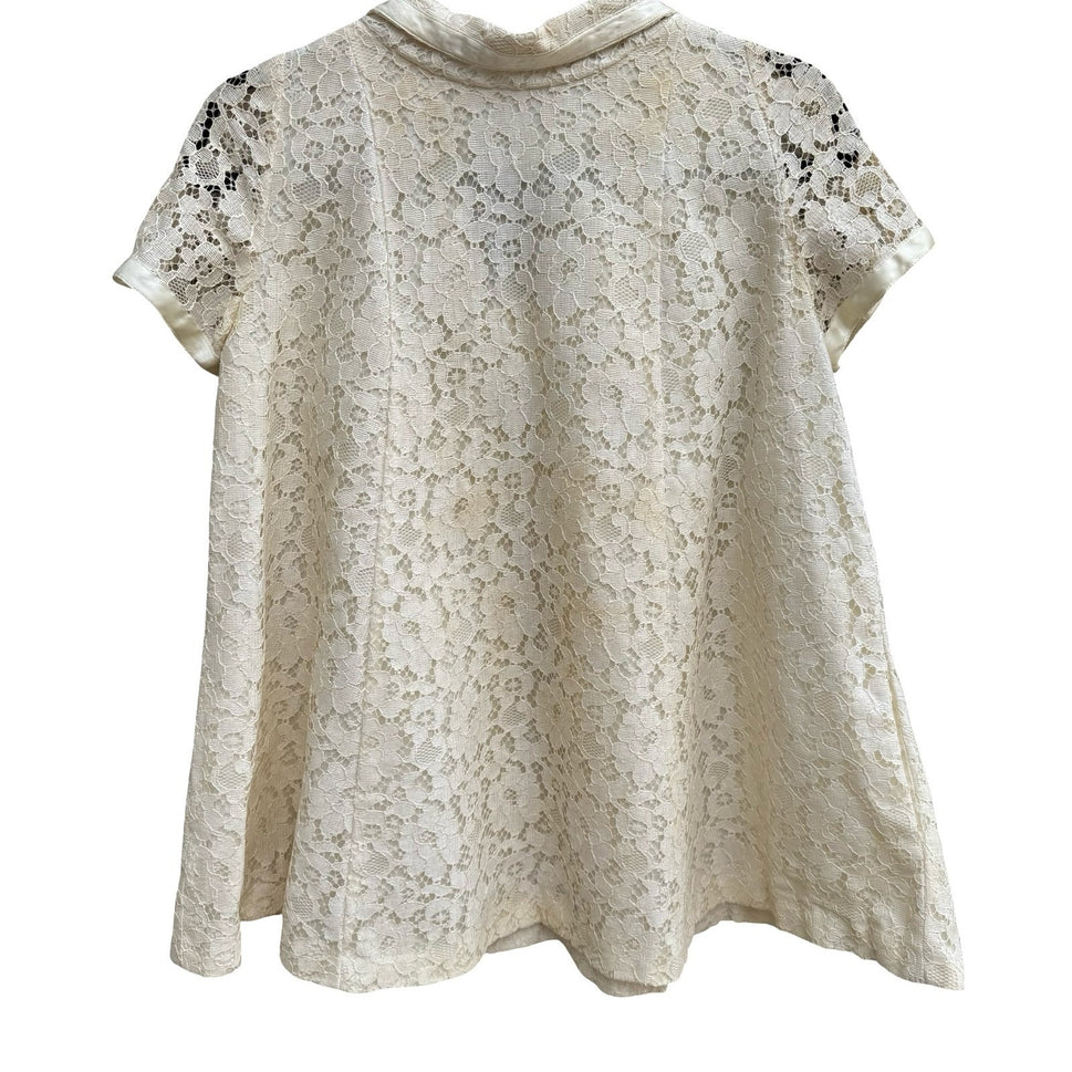 Chas L Lewis Hollywood Vintage Cream Floral Lace Satin Trim Pearl Button Blouse