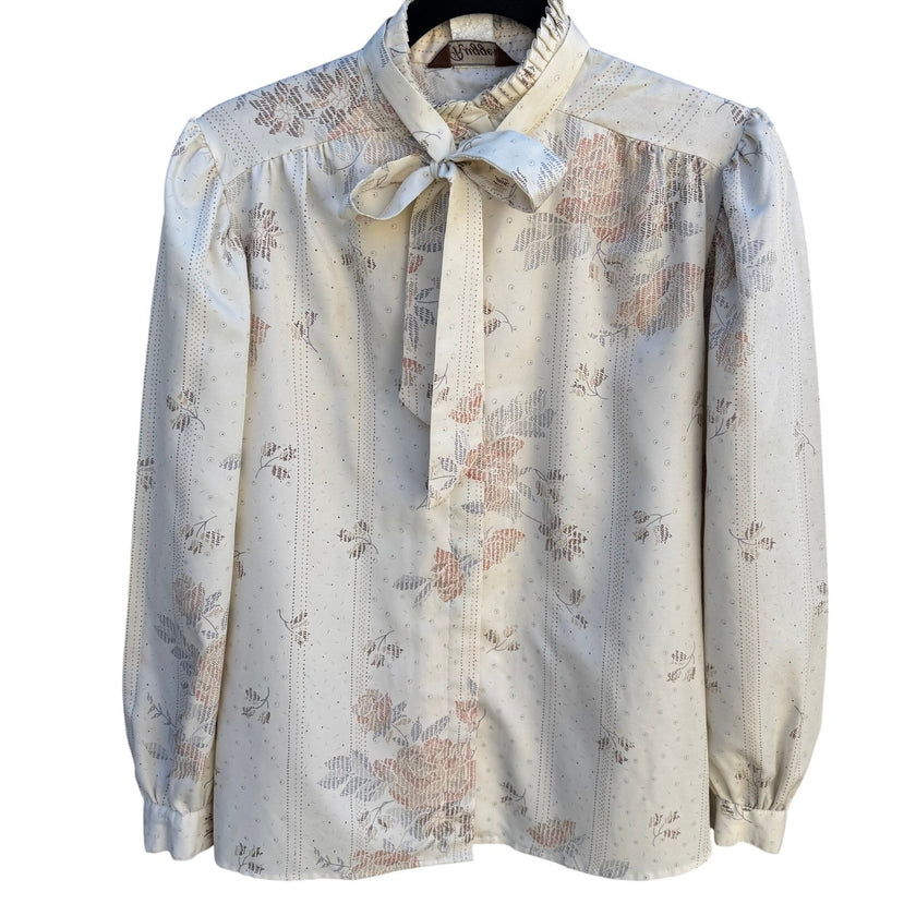 Ruggeri Vintage Neck Bow Blouse Cream Floral Stripe Ruffle Neck Long Sleeve Top