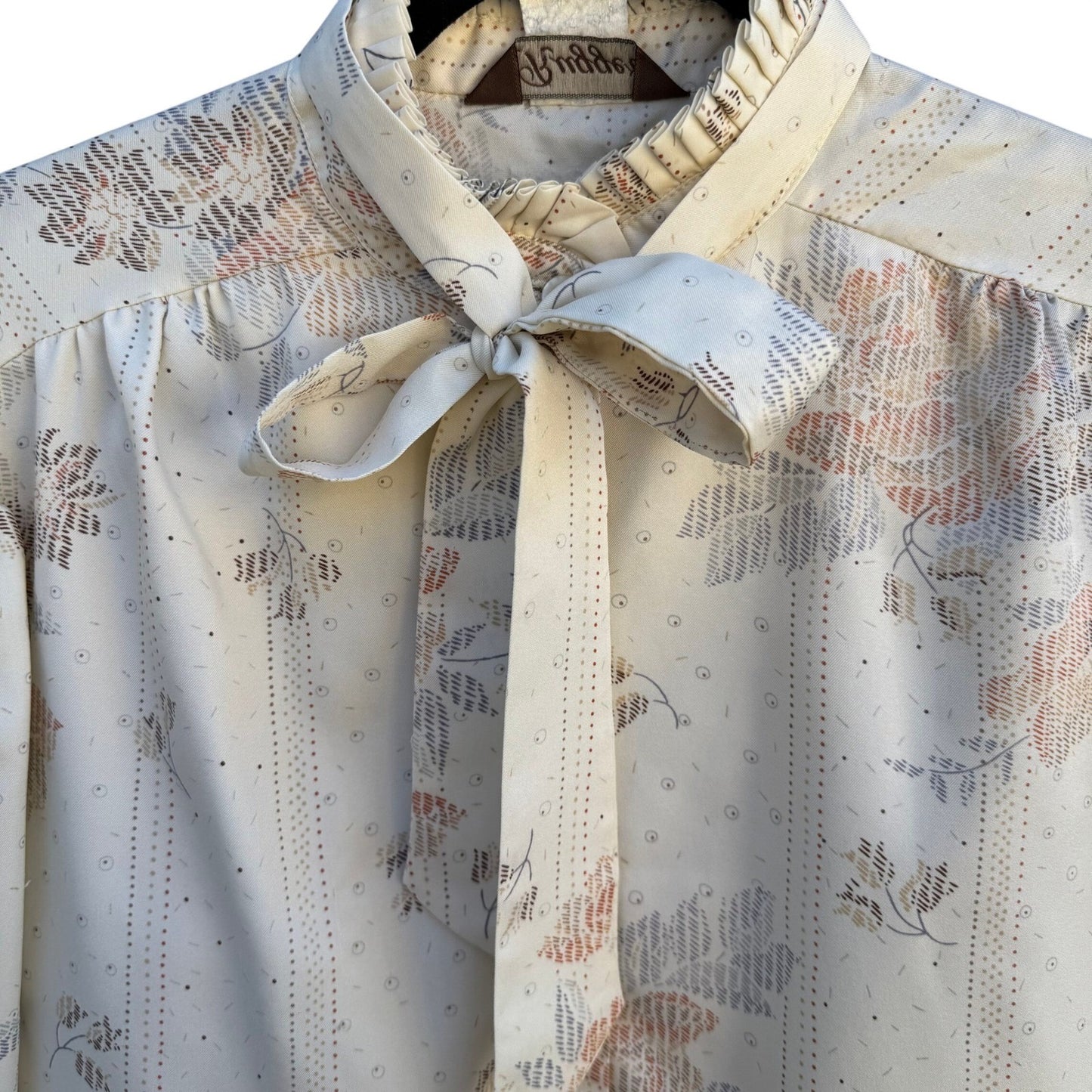 Ruggeri Vintage Neck Bow Blouse Cream Floral Stripe Ruffle Neck Long Sleeve Top