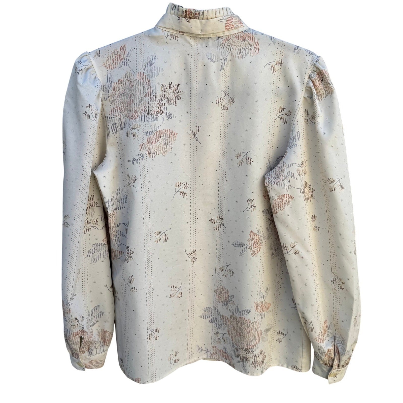 Ruggeri Vintage Neck Bow Blouse Cream Floral Stripe Ruffle Neck Long Sleeve Top