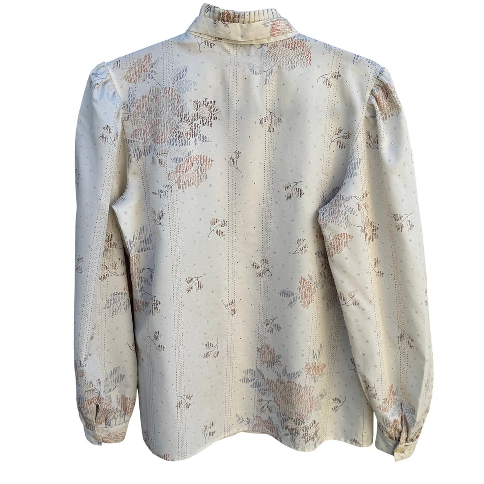 Ruggeri Vintage Neck Bow Blouse Cream Floral Stripe Ruffle Neck Long Sleeve Top