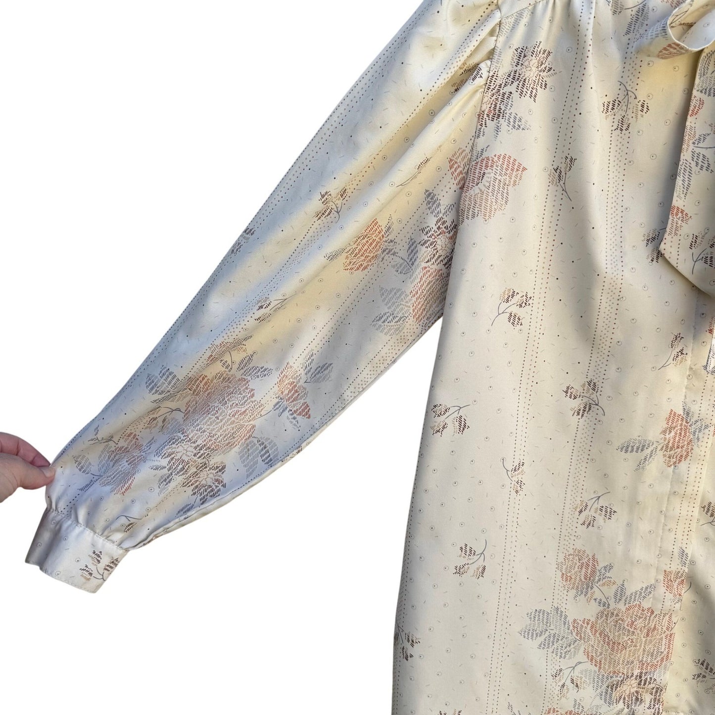 Ruggeri Vintage Neck Bow Blouse Cream Floral Stripe Ruffle Neck Long Sleeve Top