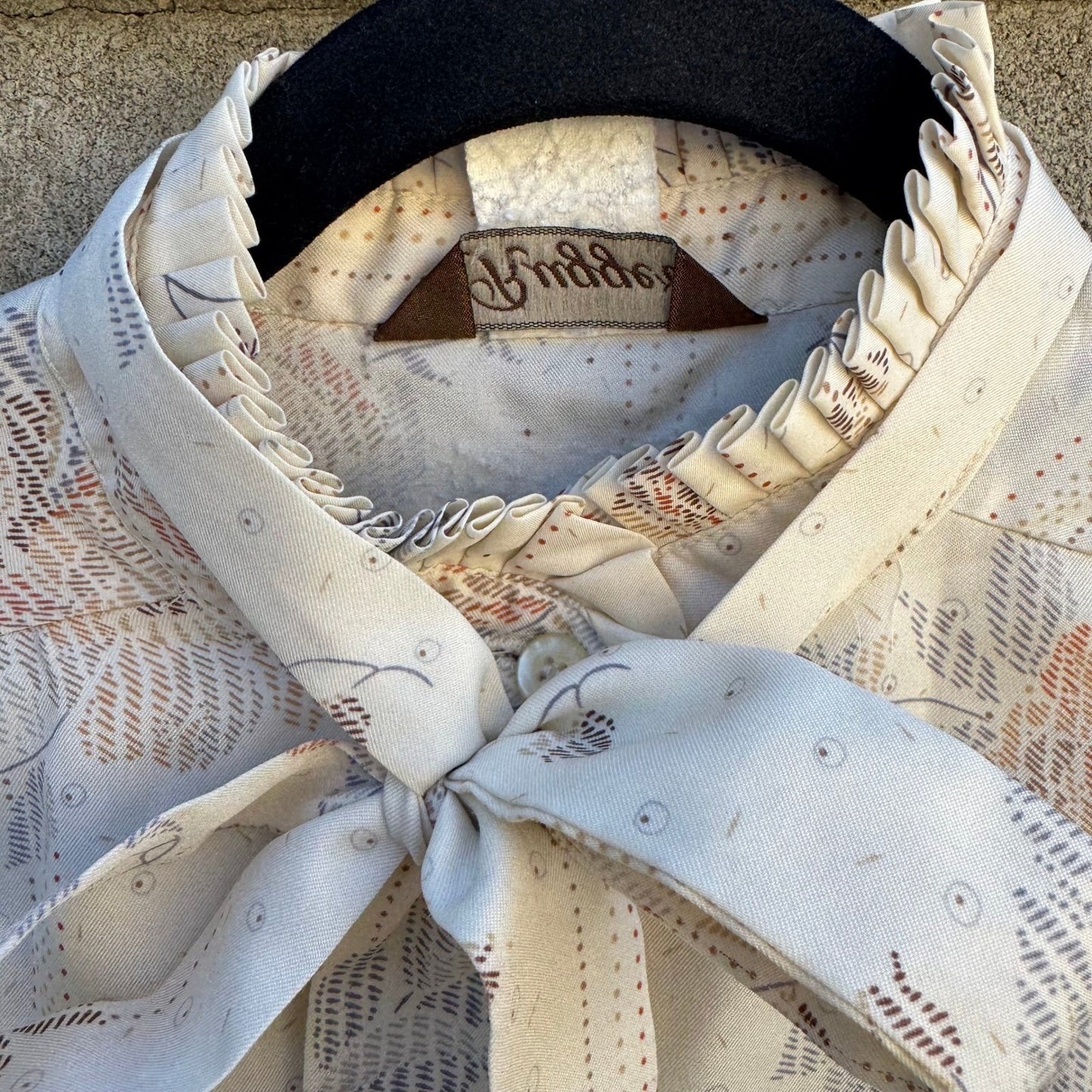 Ruggeri Vintage Neck Bow Blouse Cream Floral Stripe Ruffle Neck Long Sleeve Top