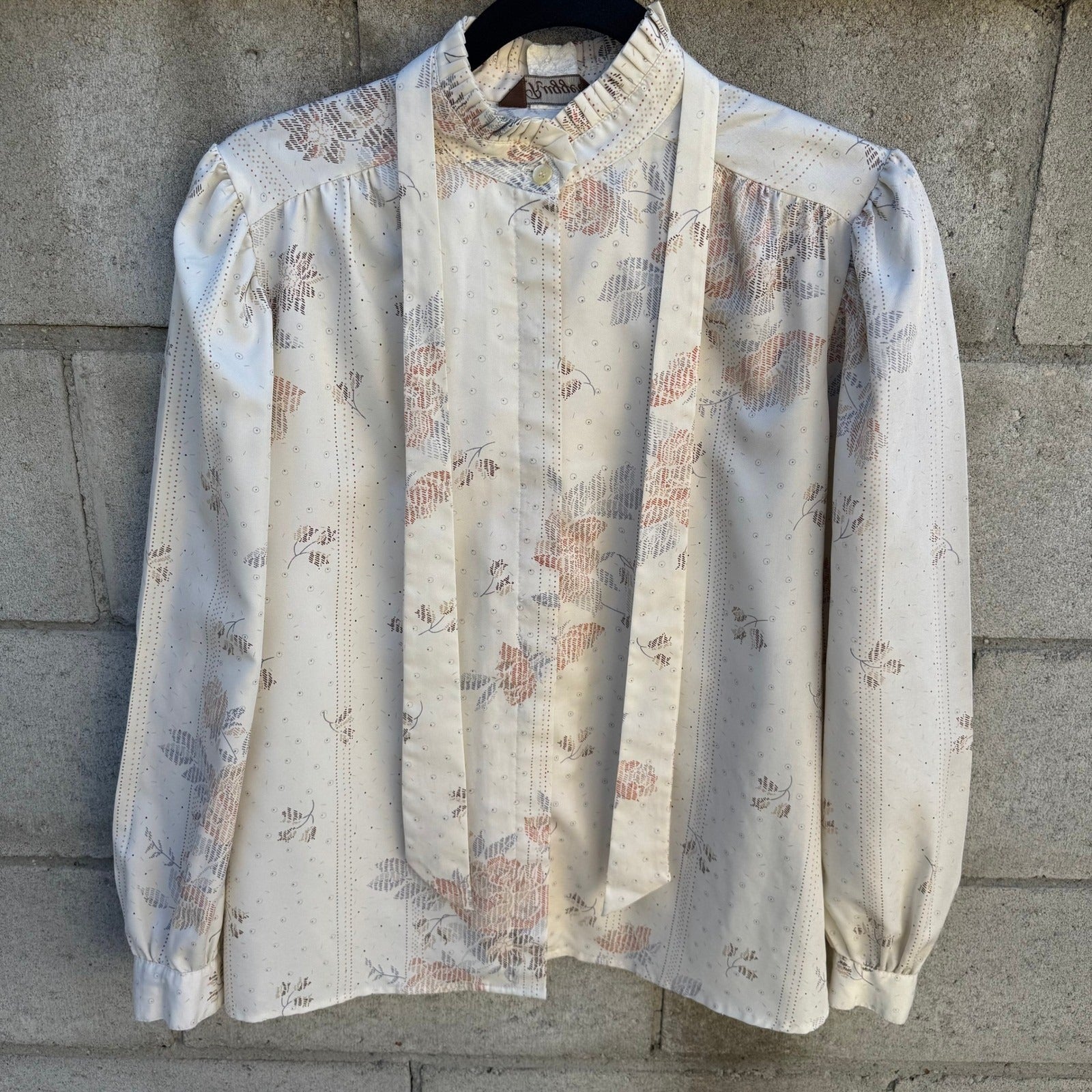 Ruggeri Vintage Neck Bow Blouse Cream Floral Stripe Ruffle Neck Long Sleeve Top