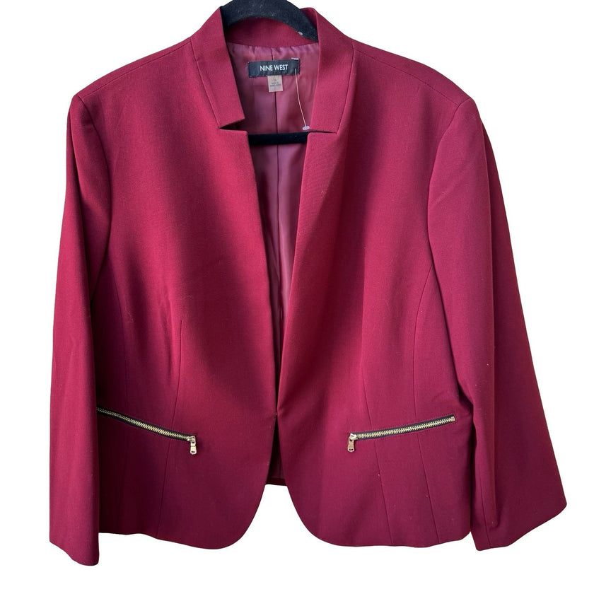 Nine West Professional Minimalist Zipper Accent Career Blazer Burgundy 16 NEW