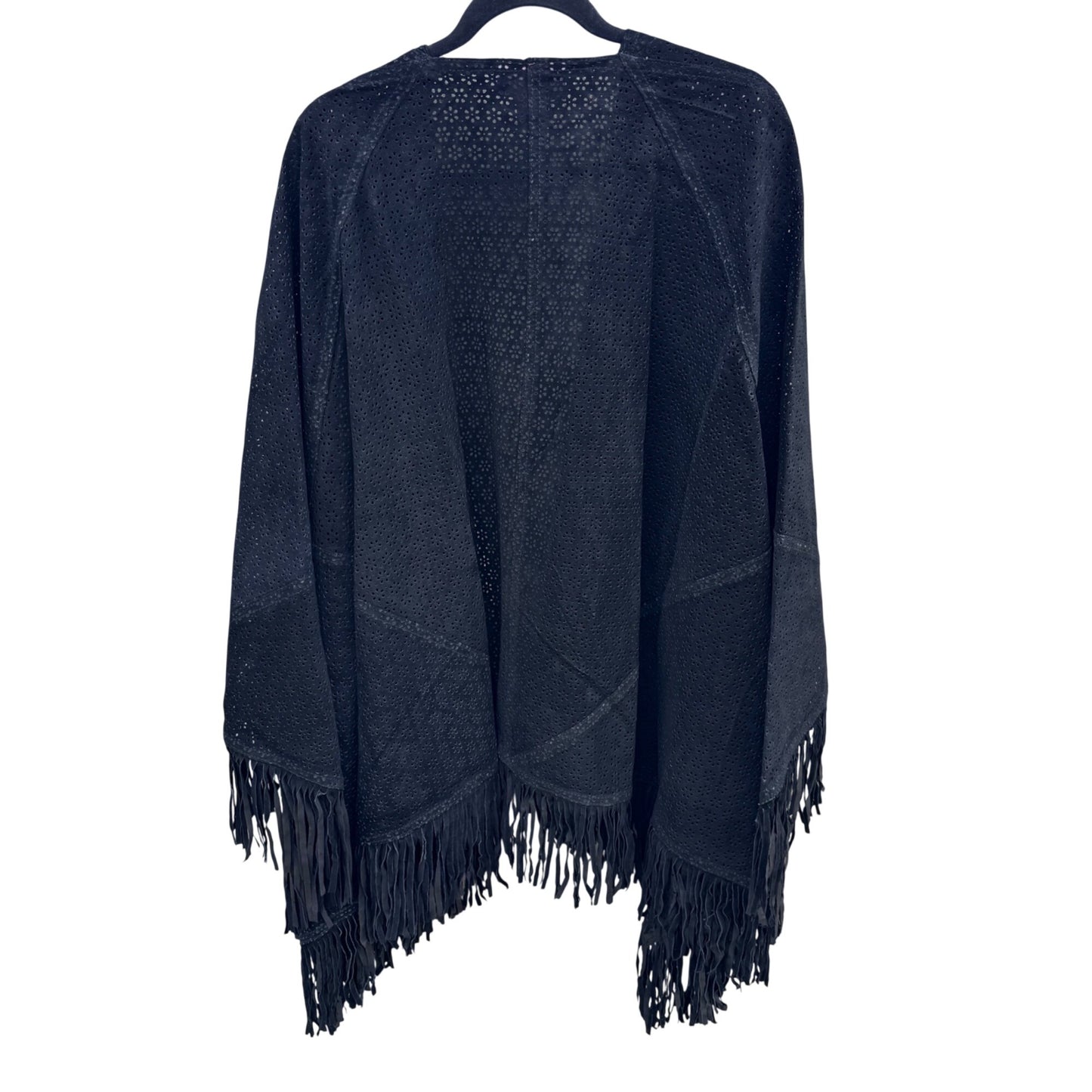 Suzanne Somers Vintage Black Leather Suede Fringe Open Front Kimono Cardigan Cape