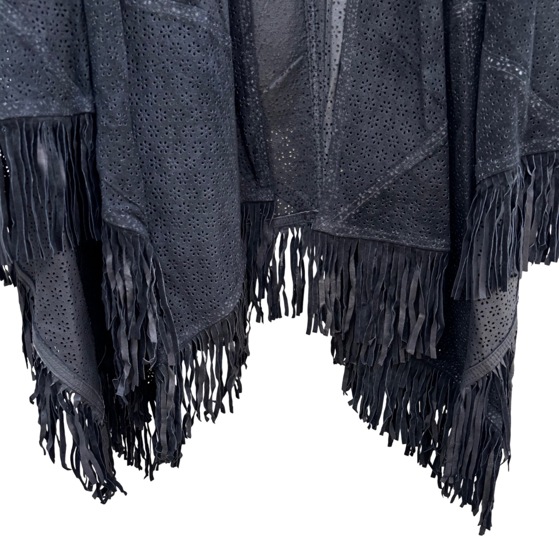Suzanne Somers Vintage Black Leather Suede Fringe Open Front Kimono Cardigan Cape
