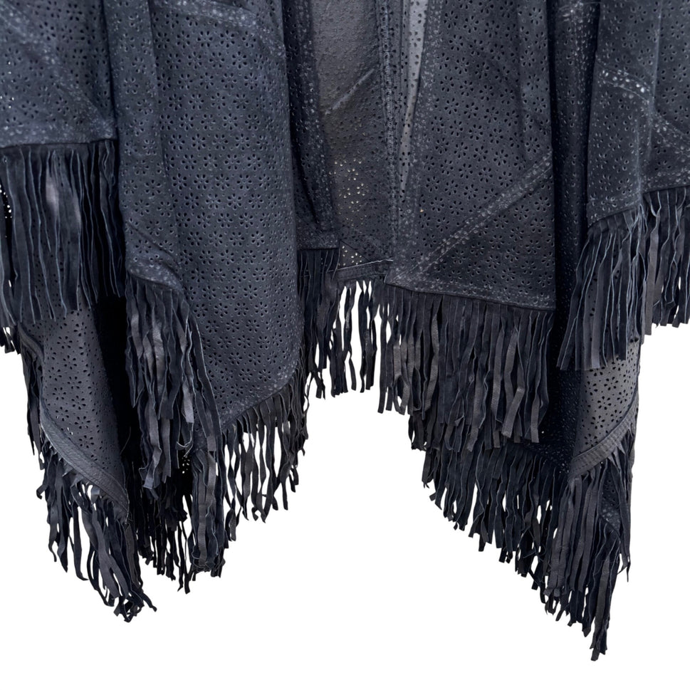 Suzanne Somers Vintage Black Leather Suede Fringe Open Front Kimono Cardigan Cape