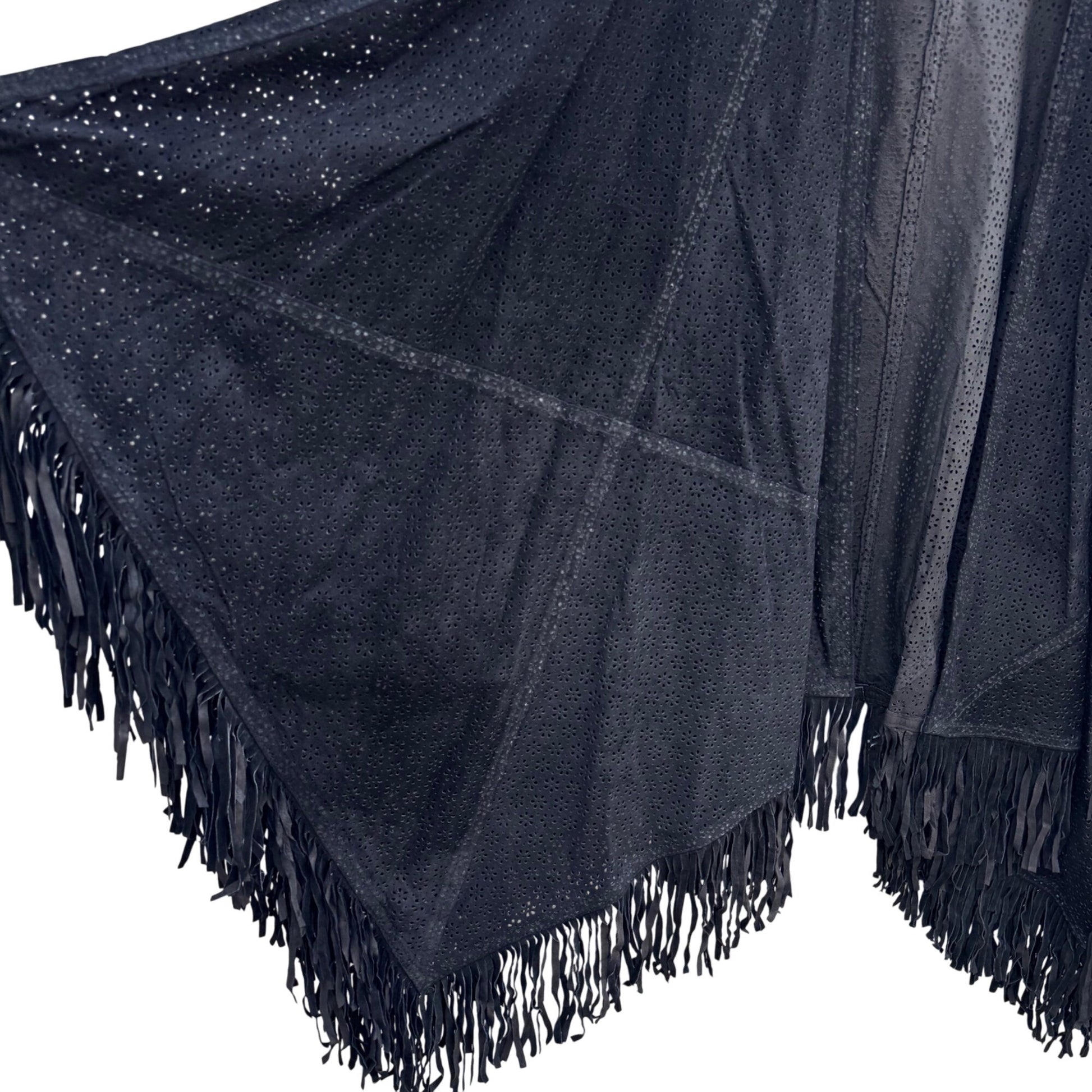 Suzanne Somers Vintage Black Leather Suede Fringe Open Front Kimono Cardigan Cape