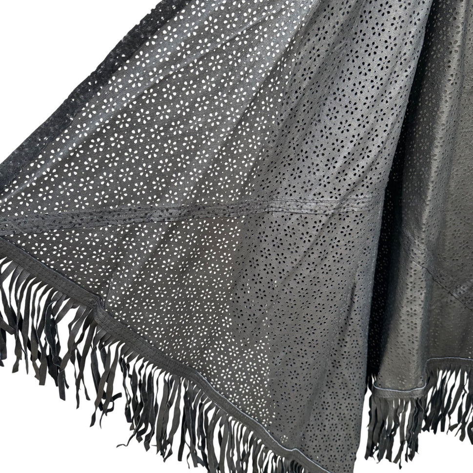 Suzanne Somers Vintage Black Leather Suede Fringe Open Front Kimono Cardigan Cape