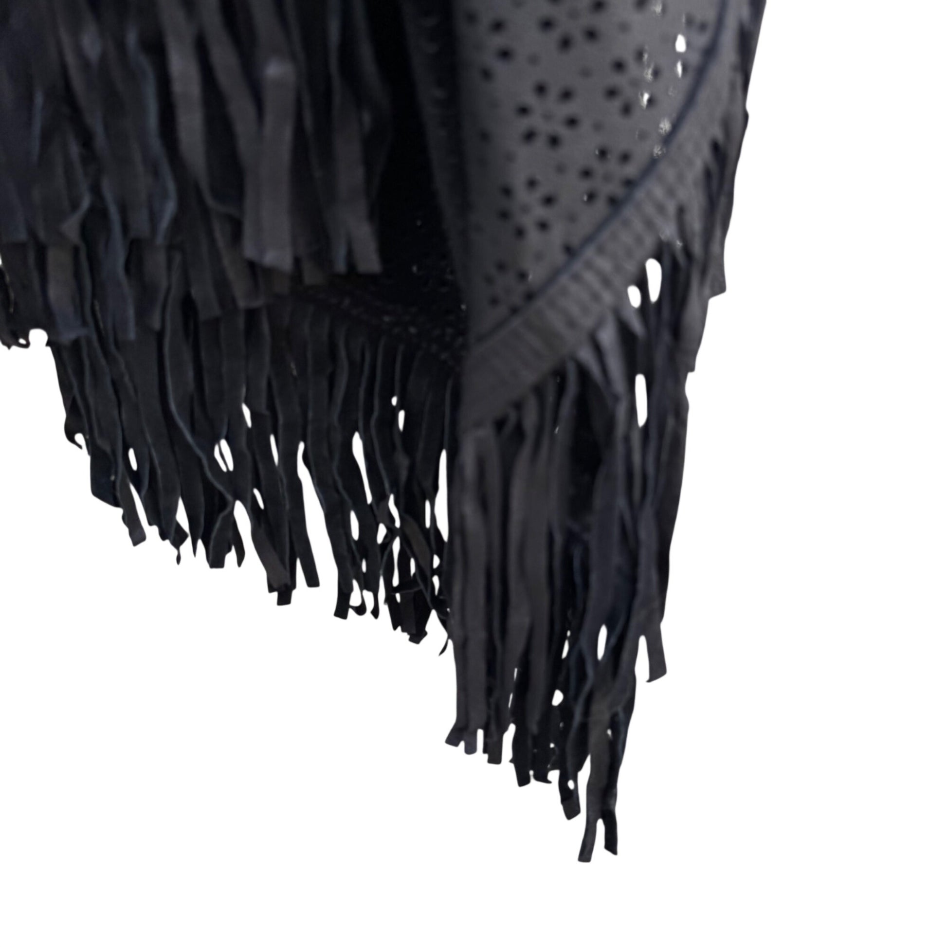 Suzanne Somers Vintage Black Leather Suede Fringe Open Front Kimono Cardigan Cape