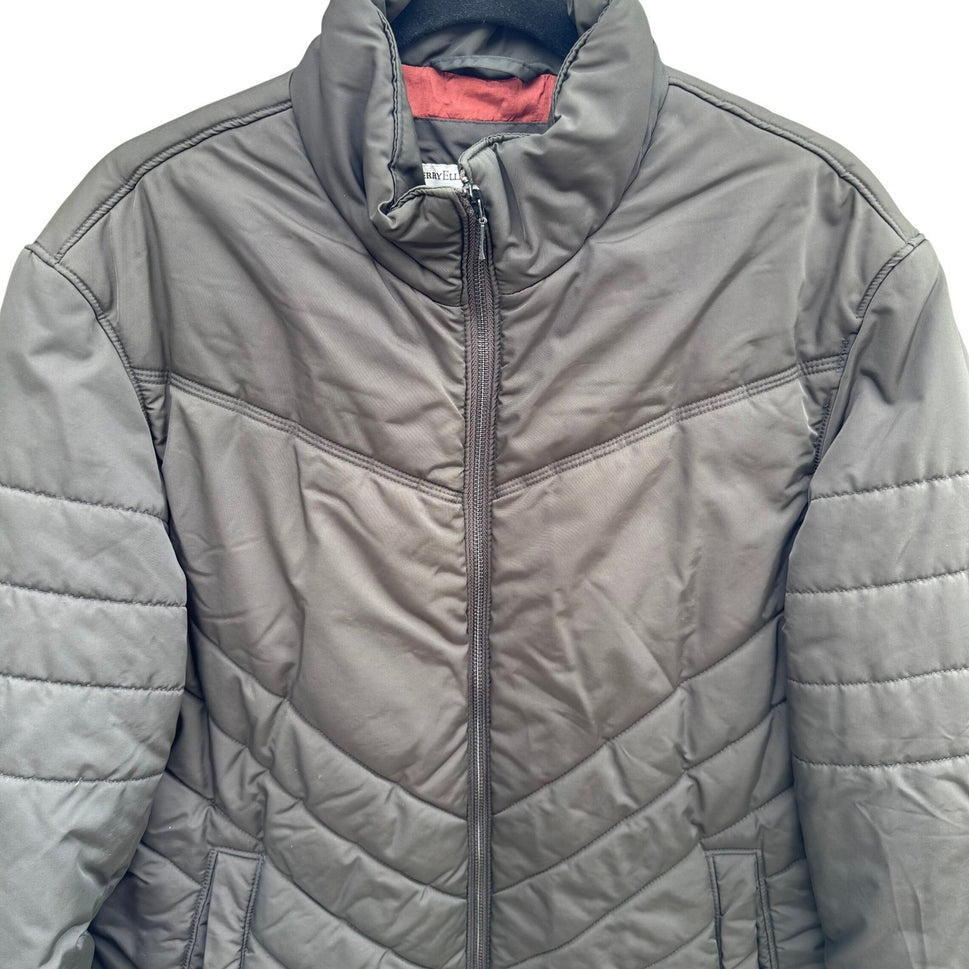 Perry Ellis Mens Chevron Quilted Puffer Jacket Dark Brown Full Zip Stand Collar
