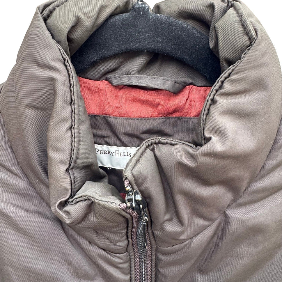 Perry Ellis Mens Chevron Quilted Puffer Jacket Dark Brown Full Zip Stand Collar